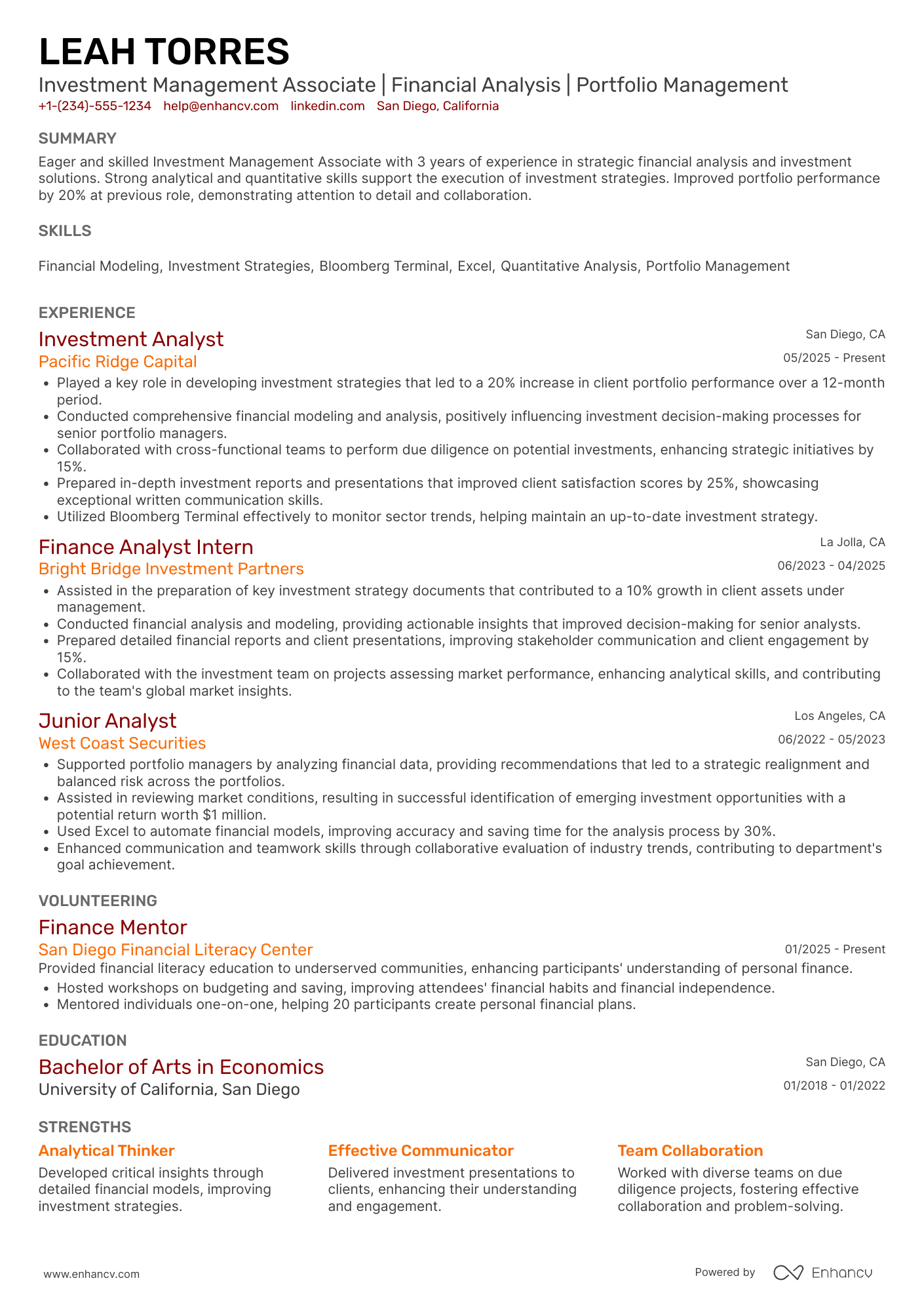 A resume example of a Investment Management Associate