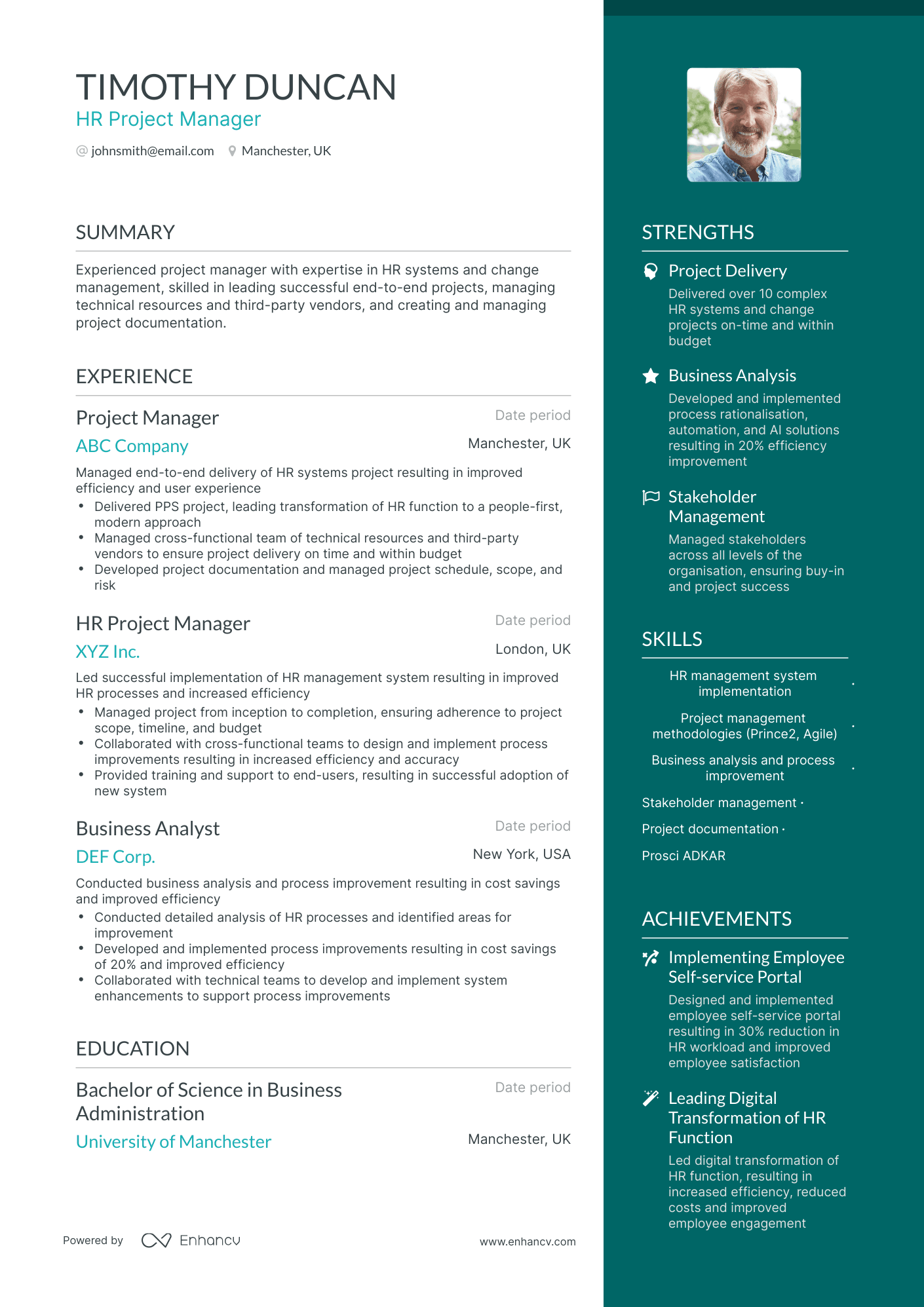 One Page HR Project Manager Resume Template