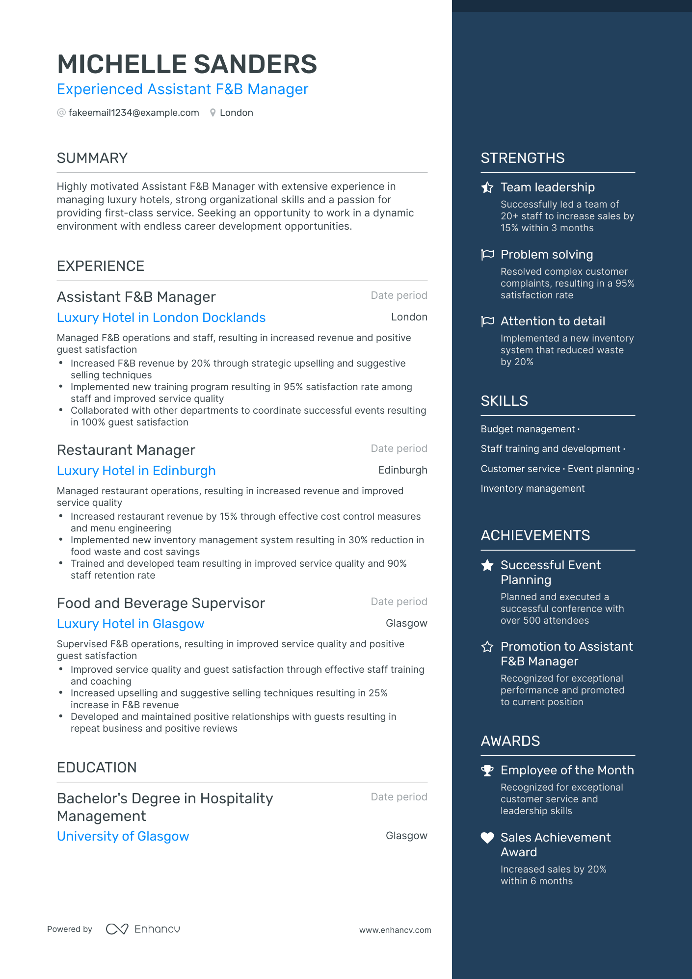 One Page Hotel Assistant Manager Resume Template