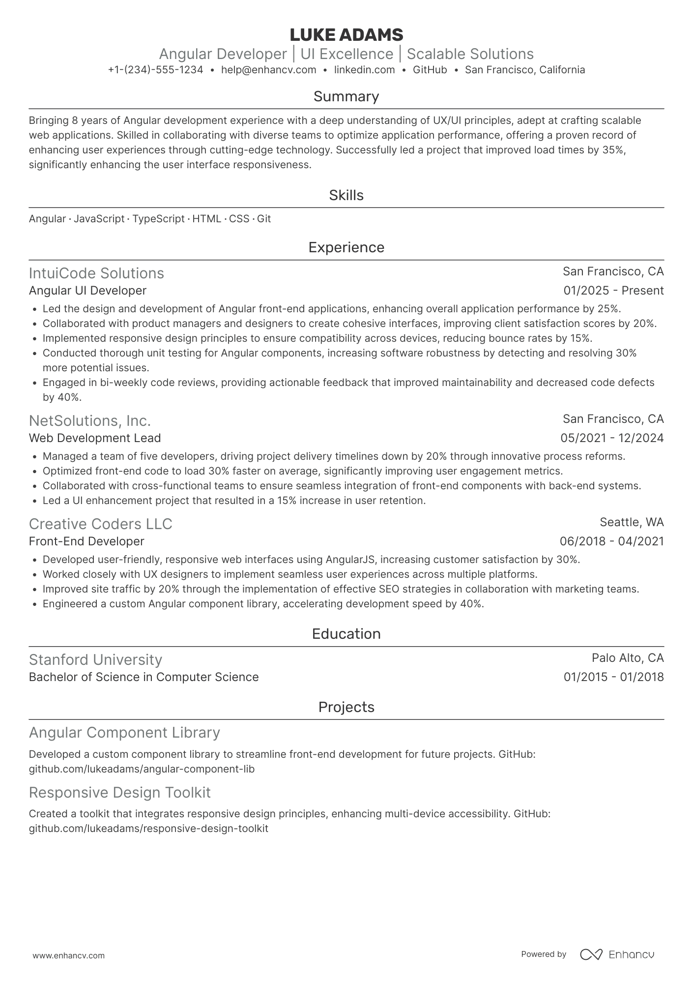 A resume example of a Angular UI Developer