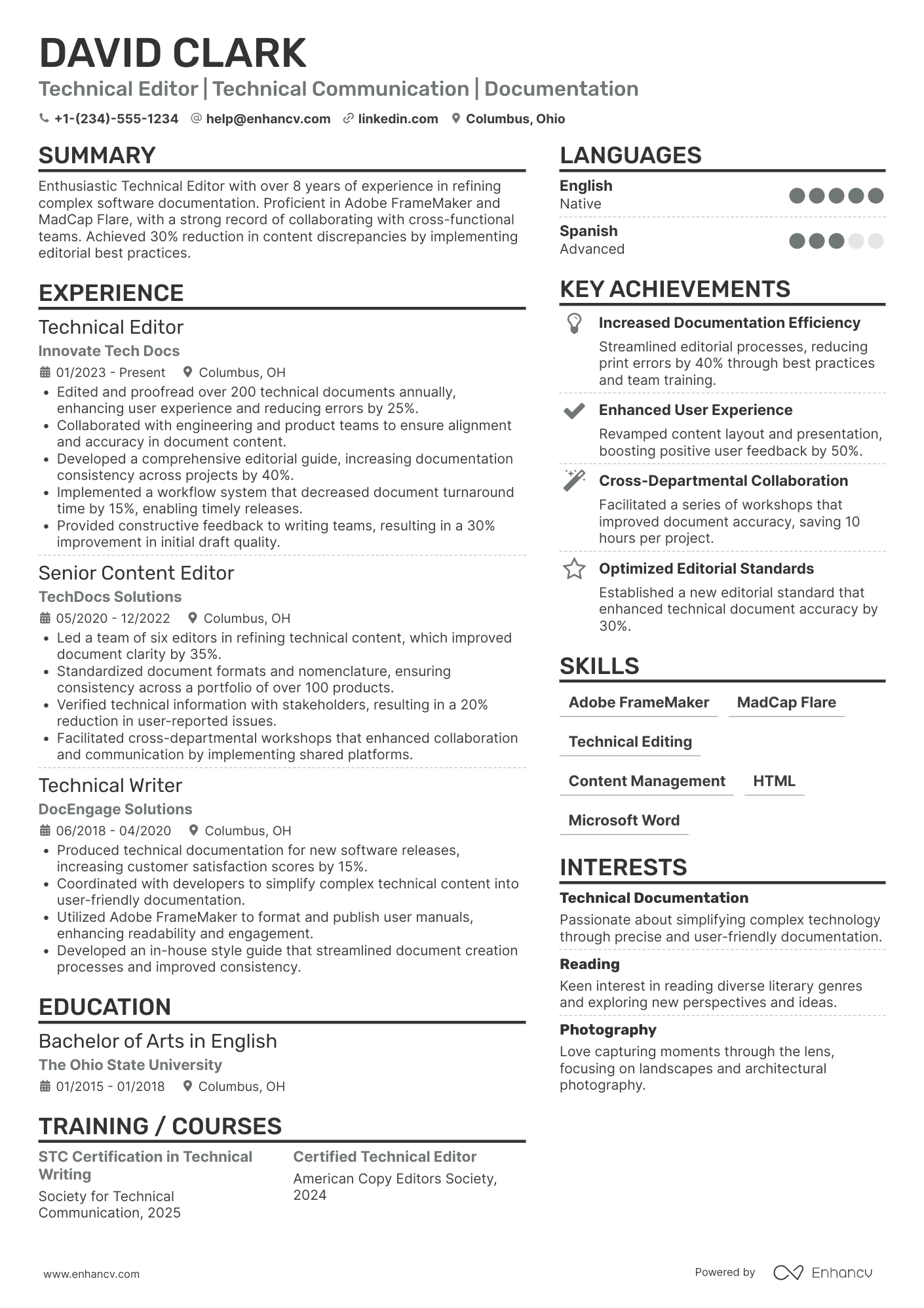 A resume example of a Technical Editor