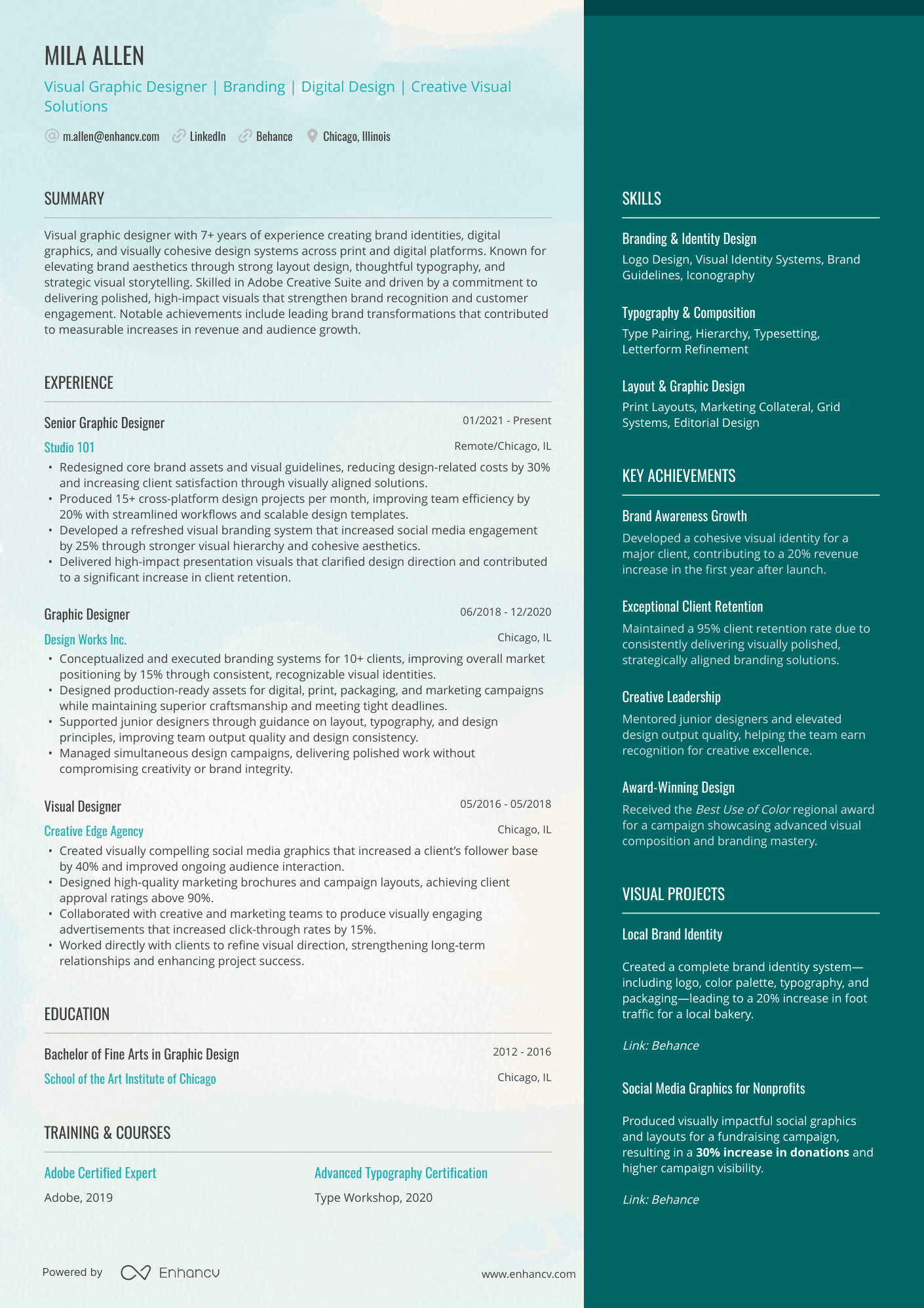 A resume example of a Visual Designer
