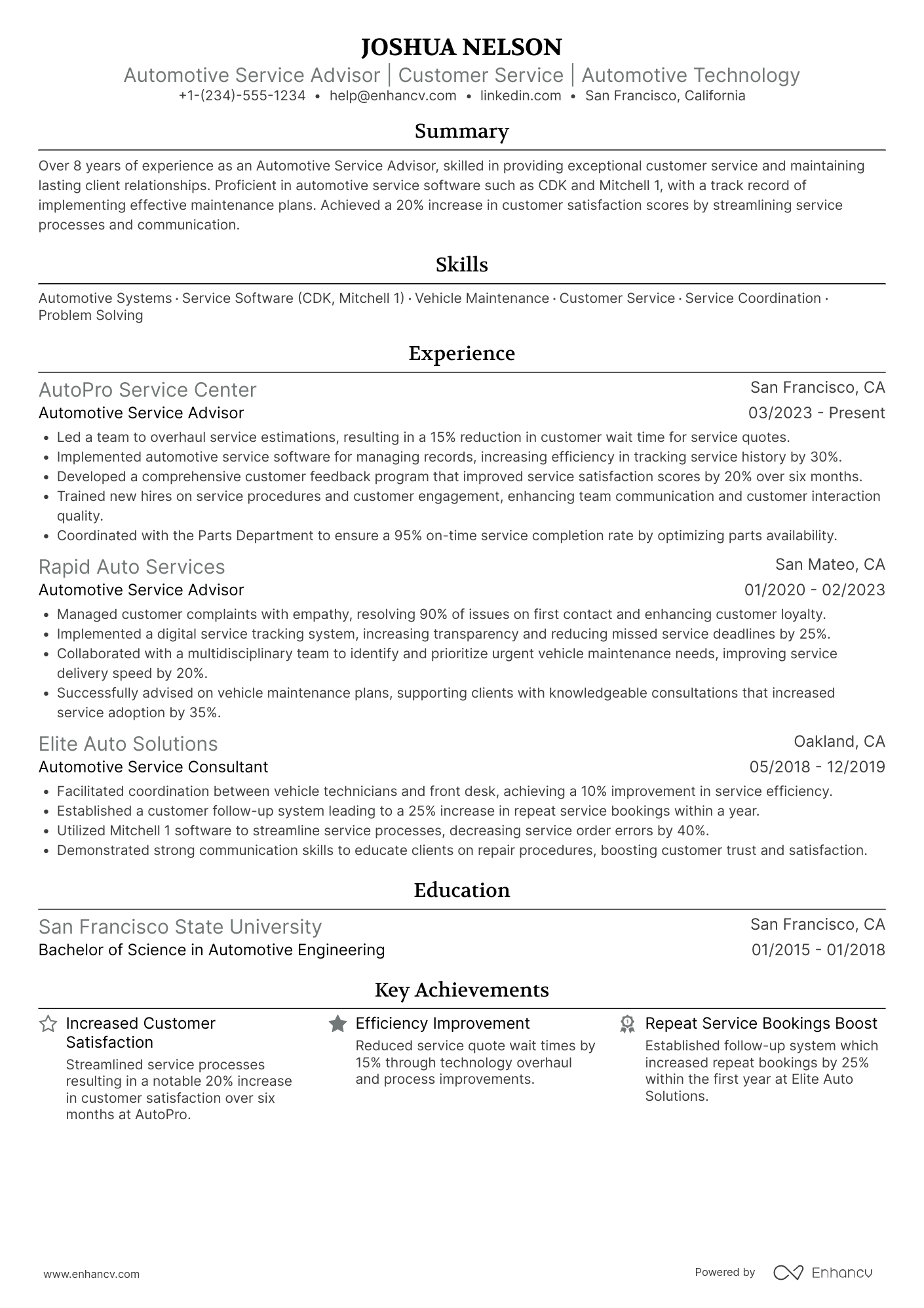 A resume example of a Automotive Service Advisor