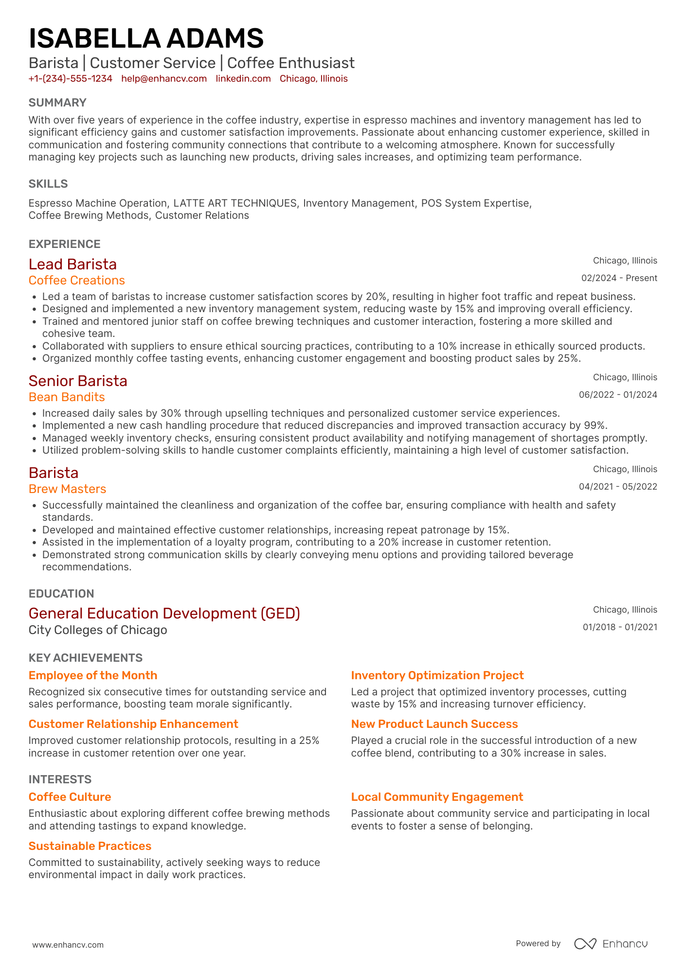 A resume example of a Full Time Barista