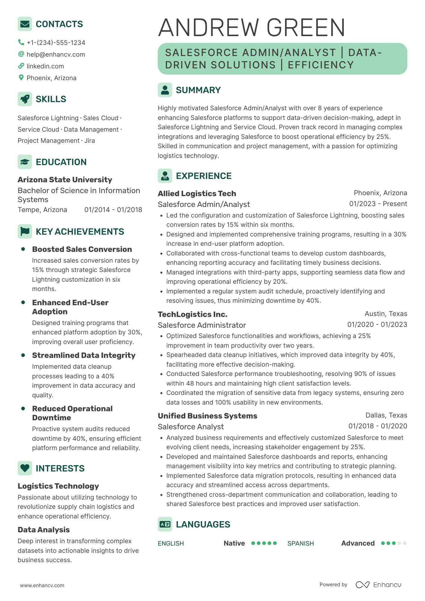 A resume example of a Salesforce Admin/Analyst