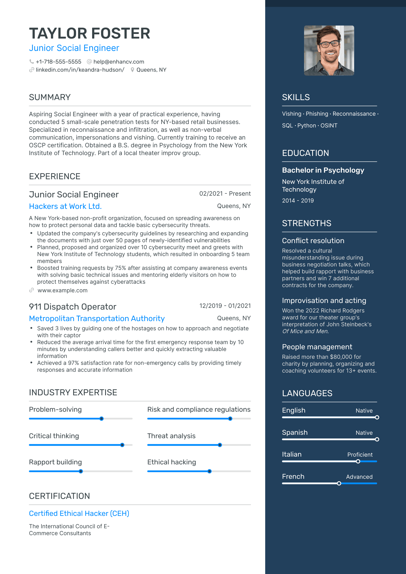 One Page Social Engineering Resume Template