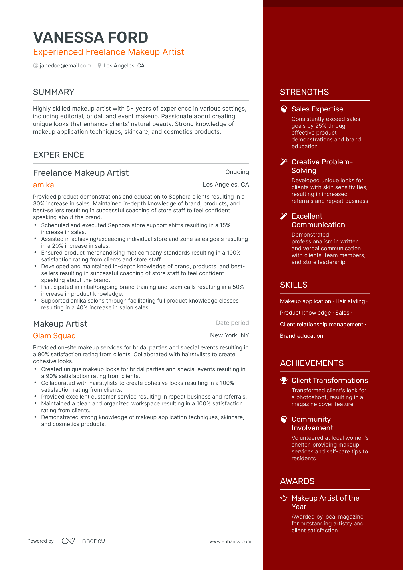 One Page Freelance Makeup Artist Resume Template