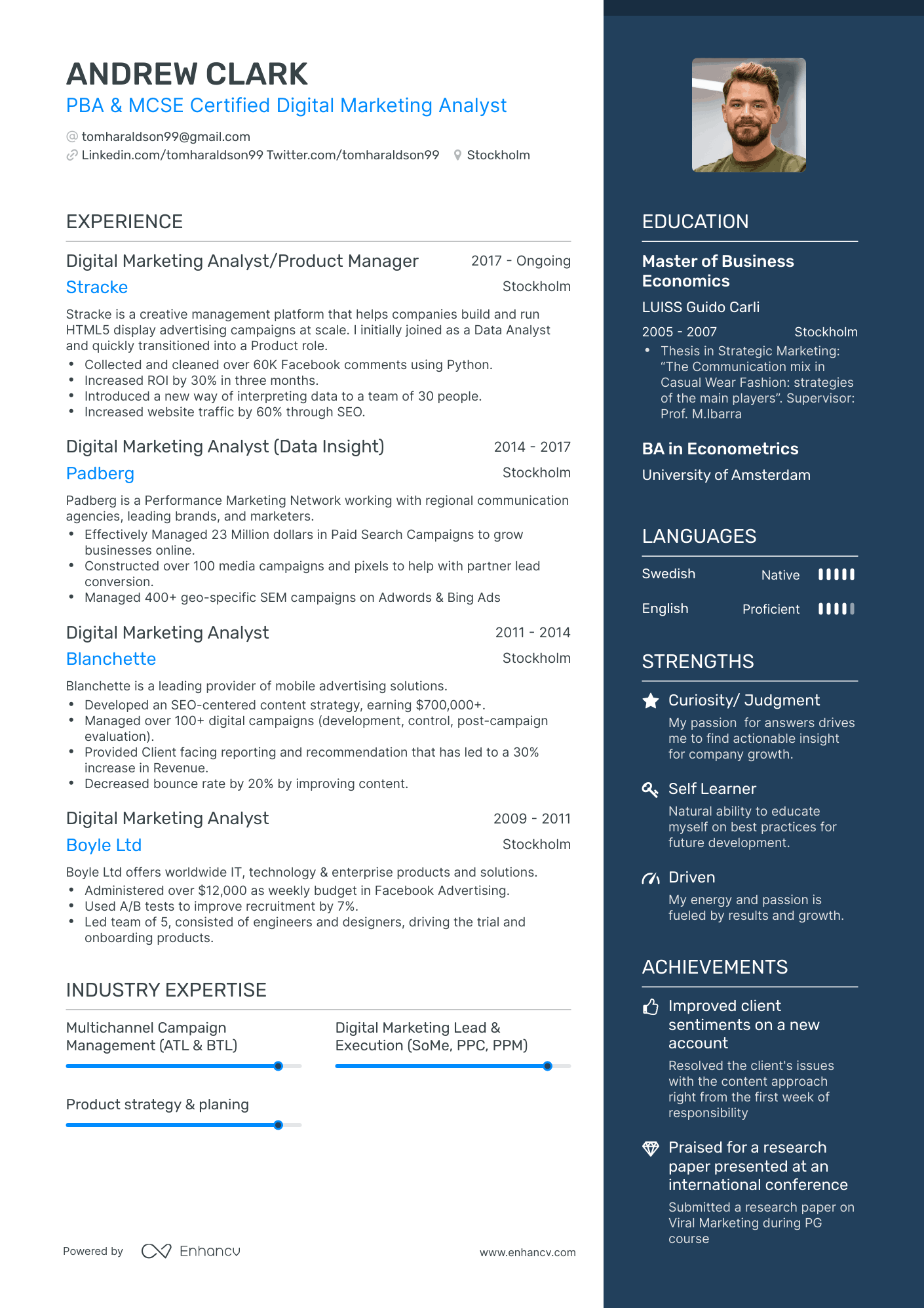 One Page Digital Marketing Analyst Resume Template