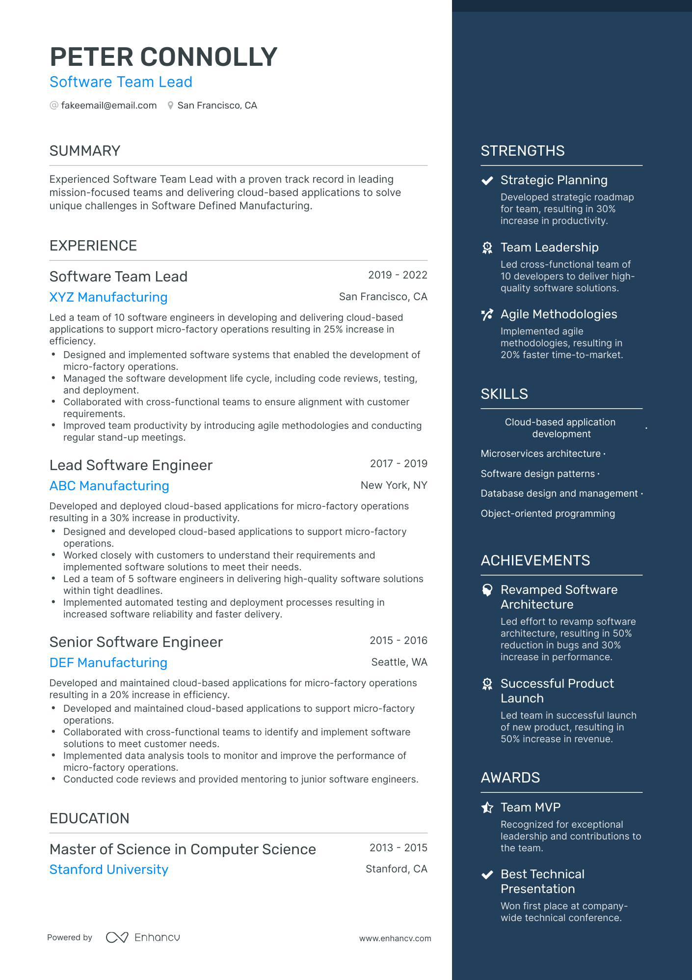 One Page Software Team Lead Resume Template