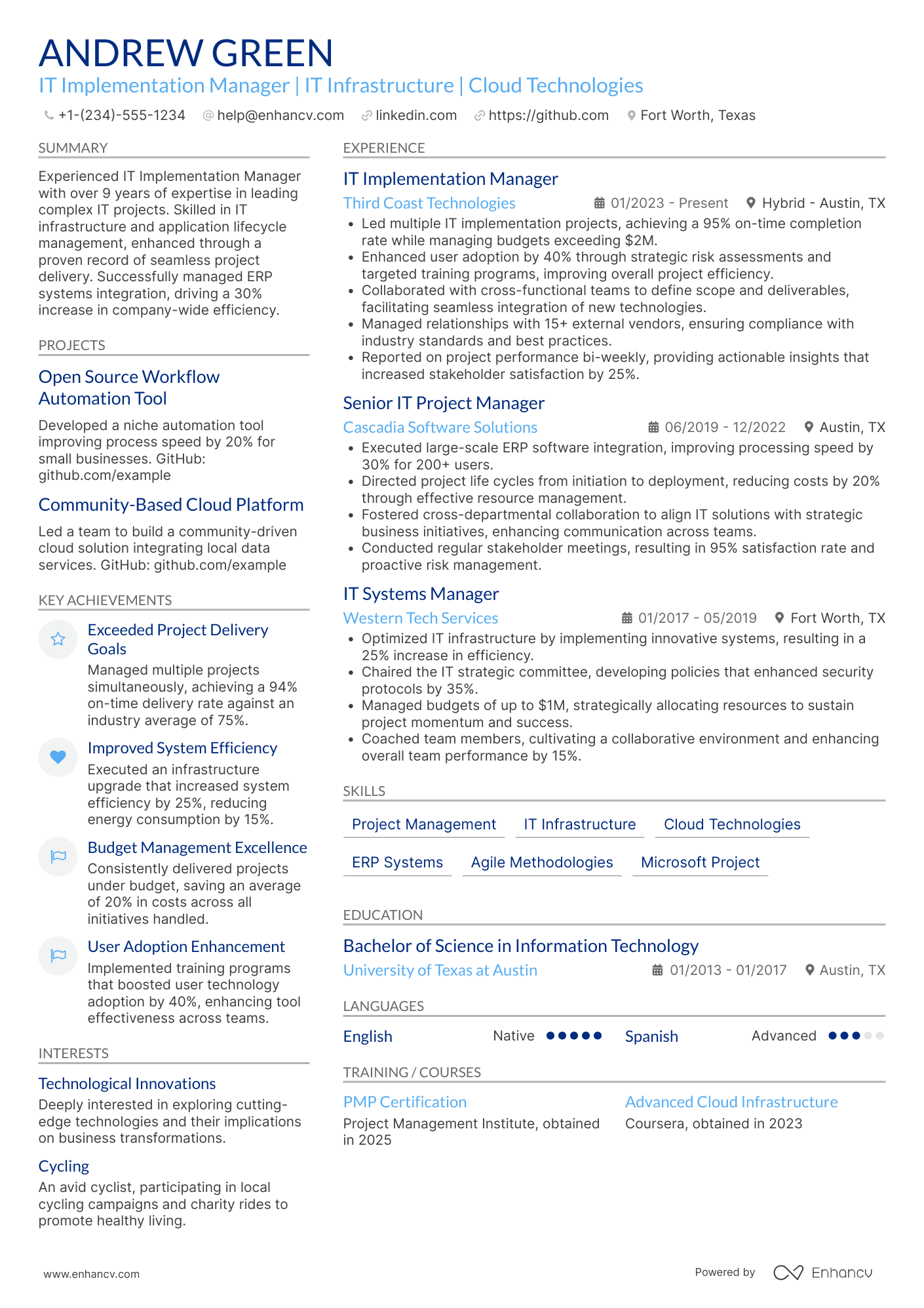 A resume example of a IT Implementation Manager