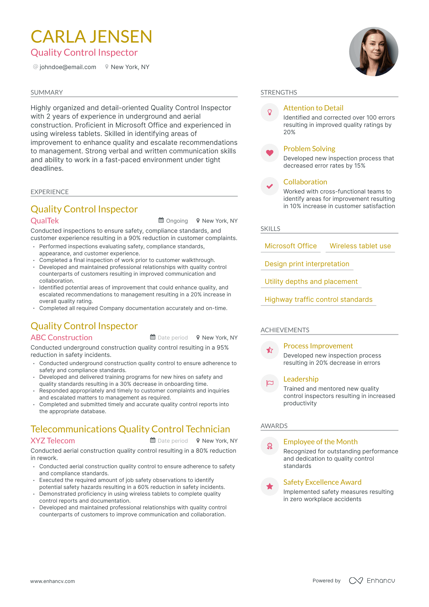 Modern Quality Control Inspector Resume Template