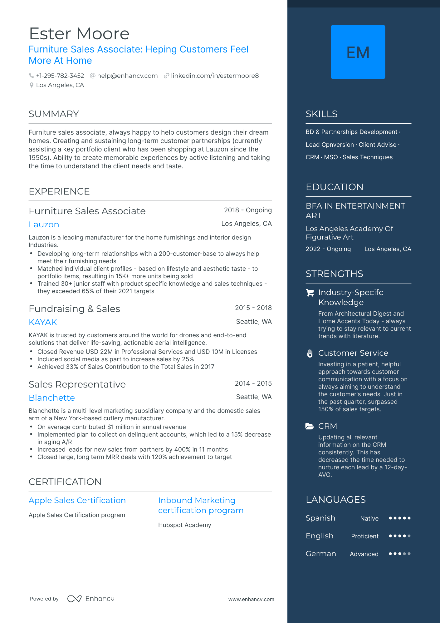 One Page Furniture Sales Resume Template