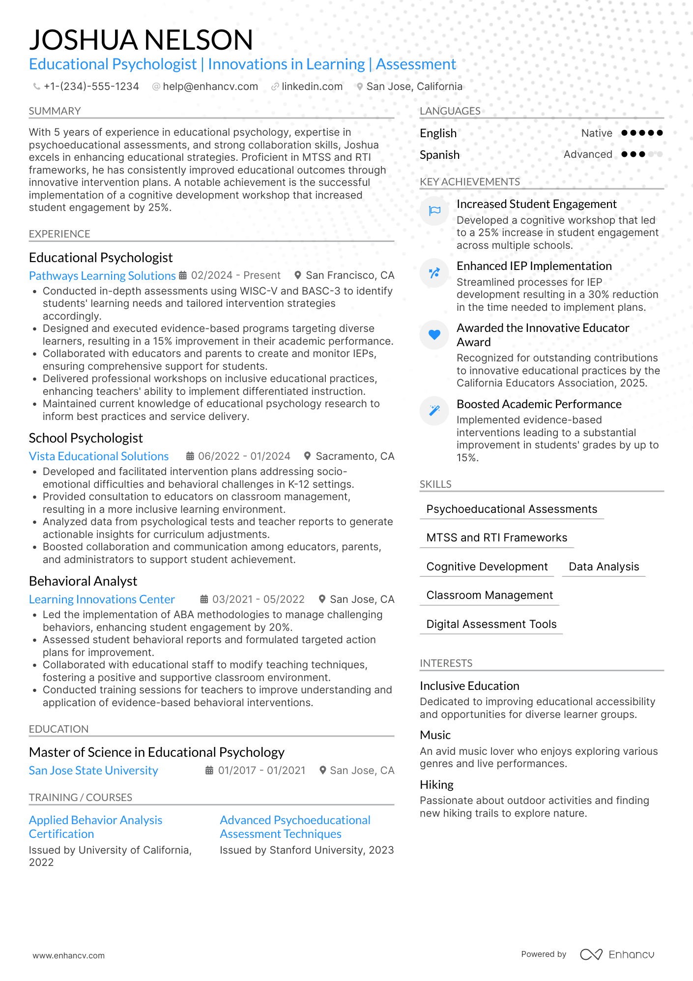 A resume example of a Educational Psychologist