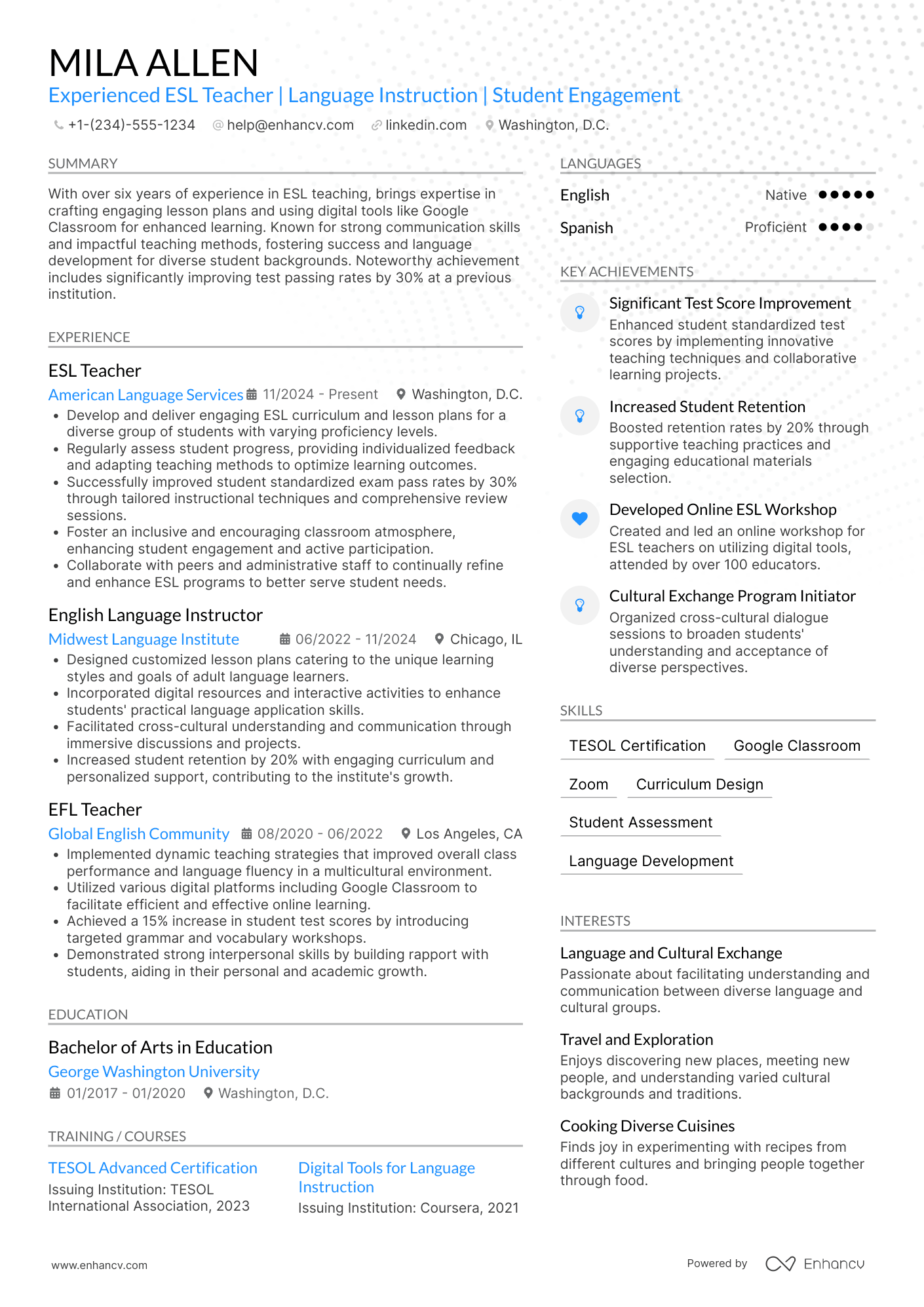 A resume example of a English as a Second Language (ESL) Teacher