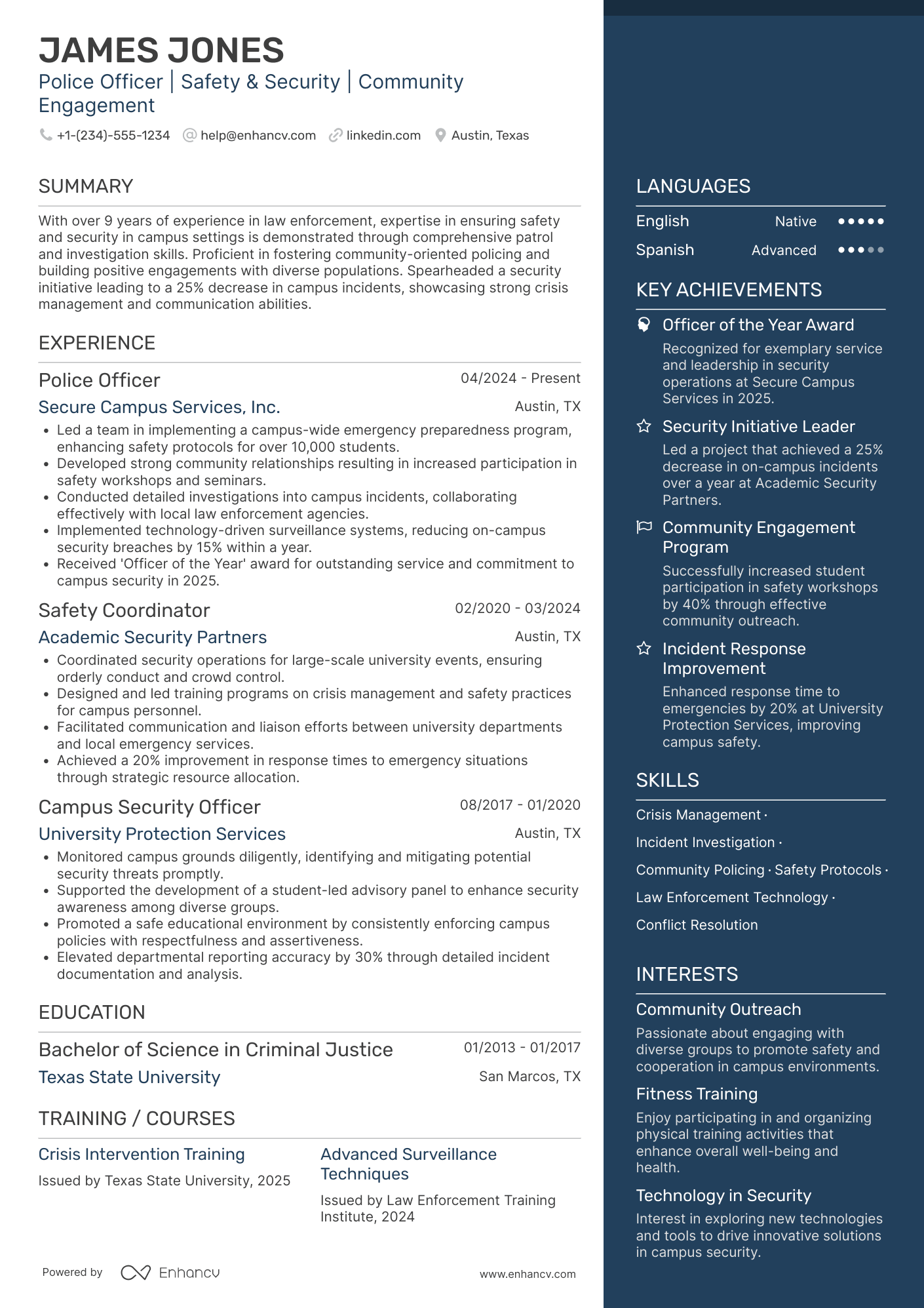 A resume example of a Campus Police Officer