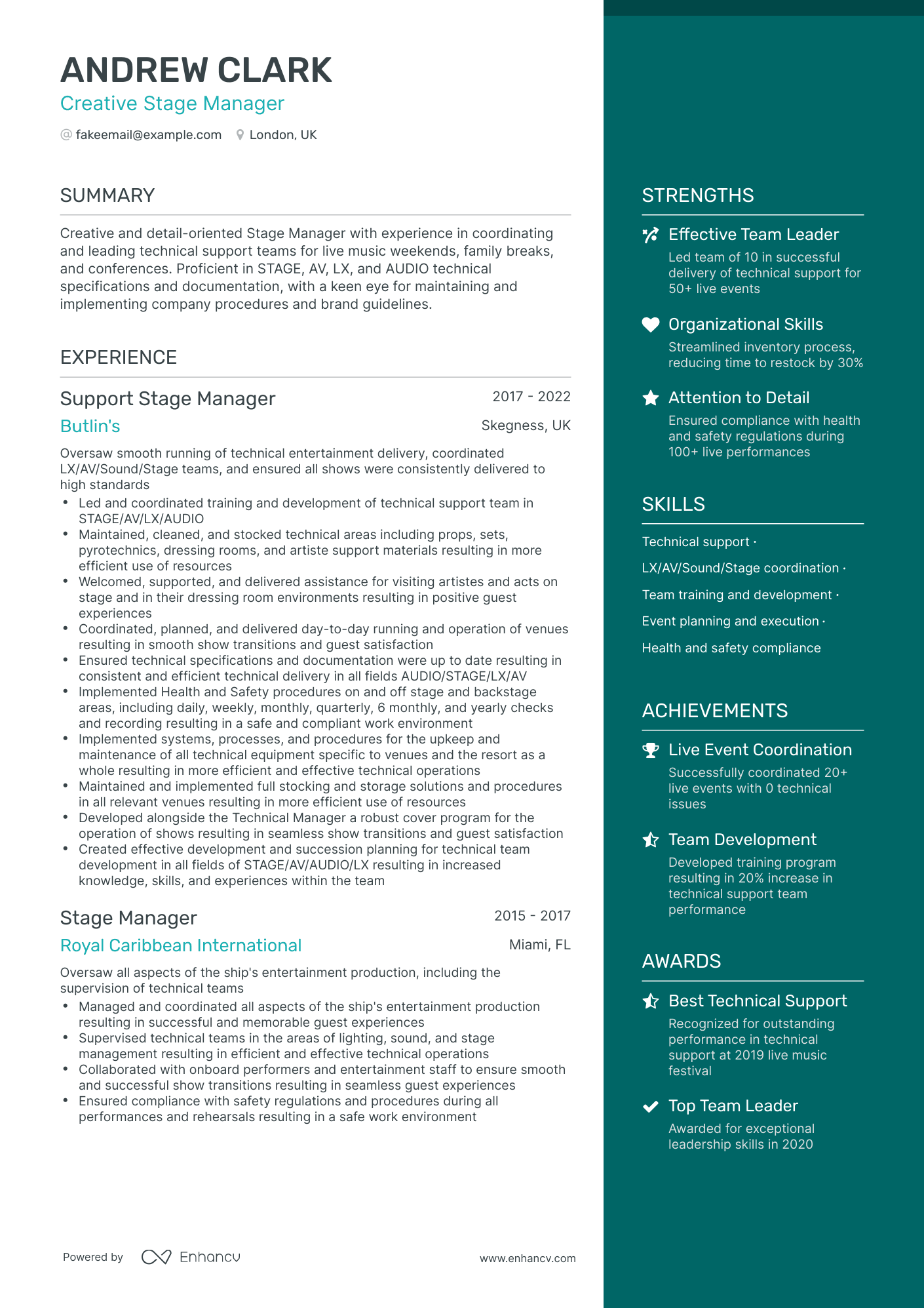 One Page Stage Manager Resume Template
