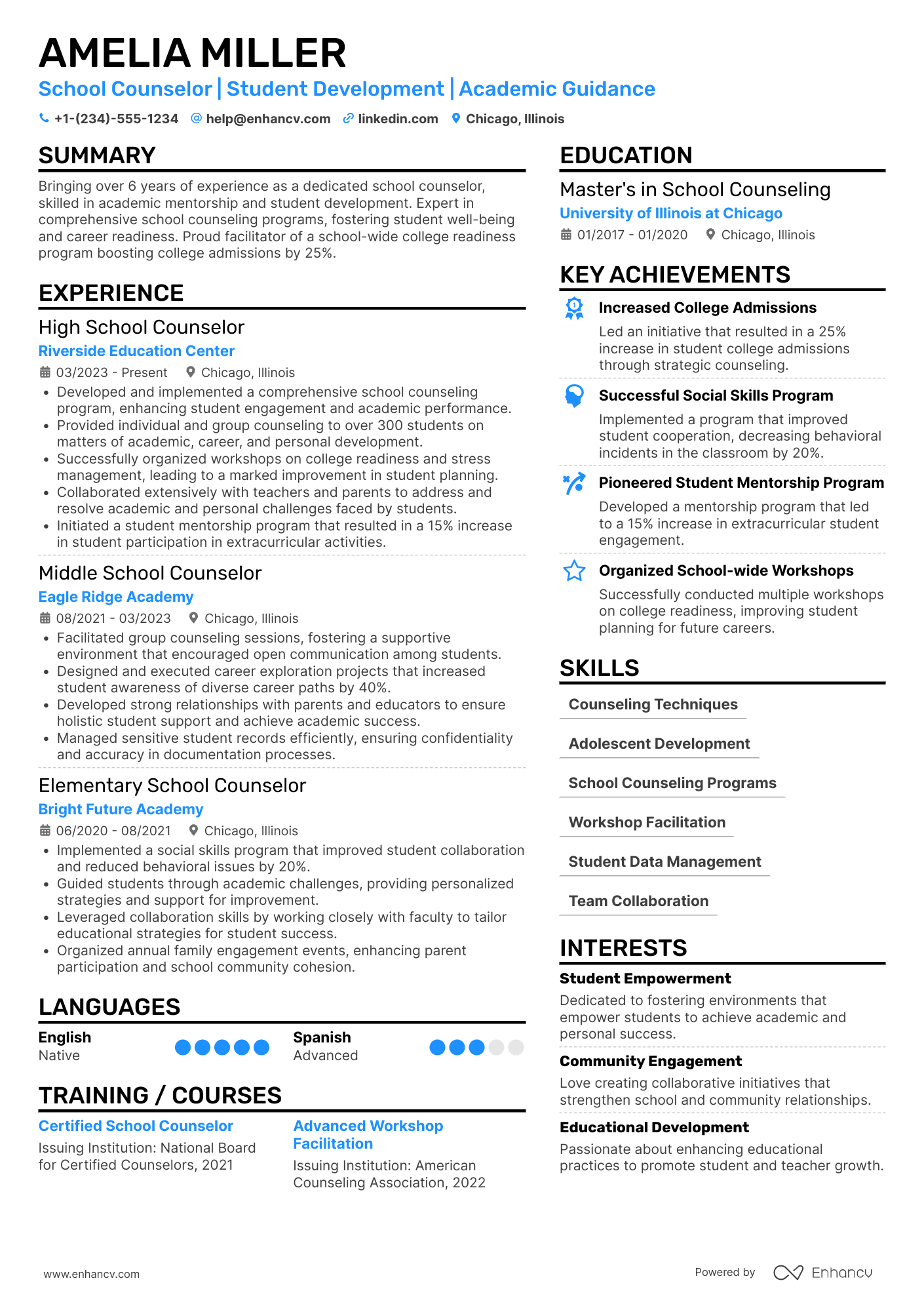A resume example of a High School Counselor