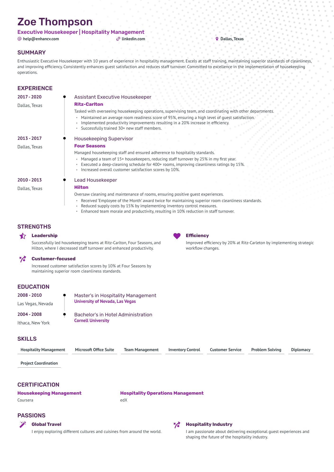 resume for housekeeper in hotel