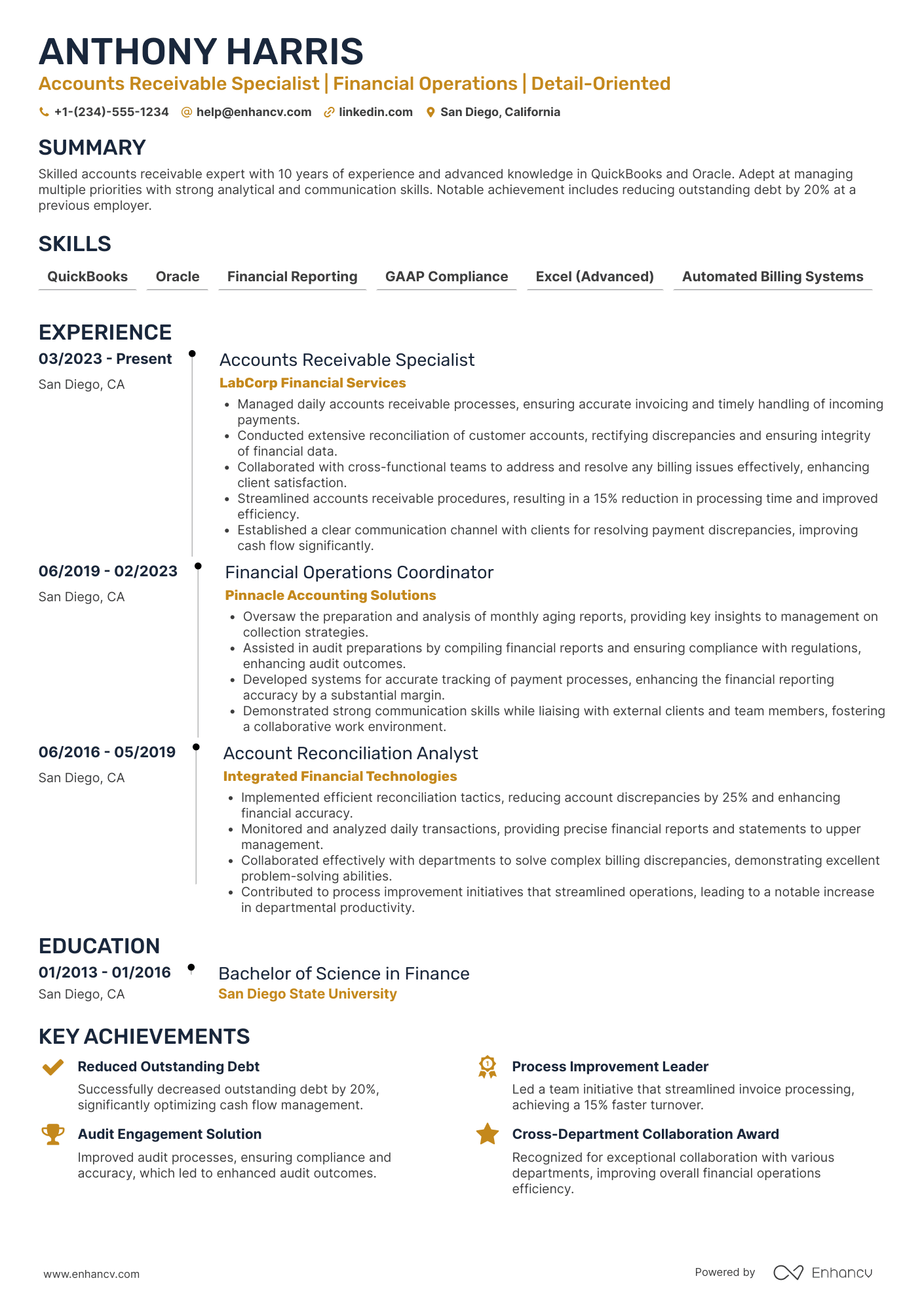A resume example of a Accounts Receivable Administrator