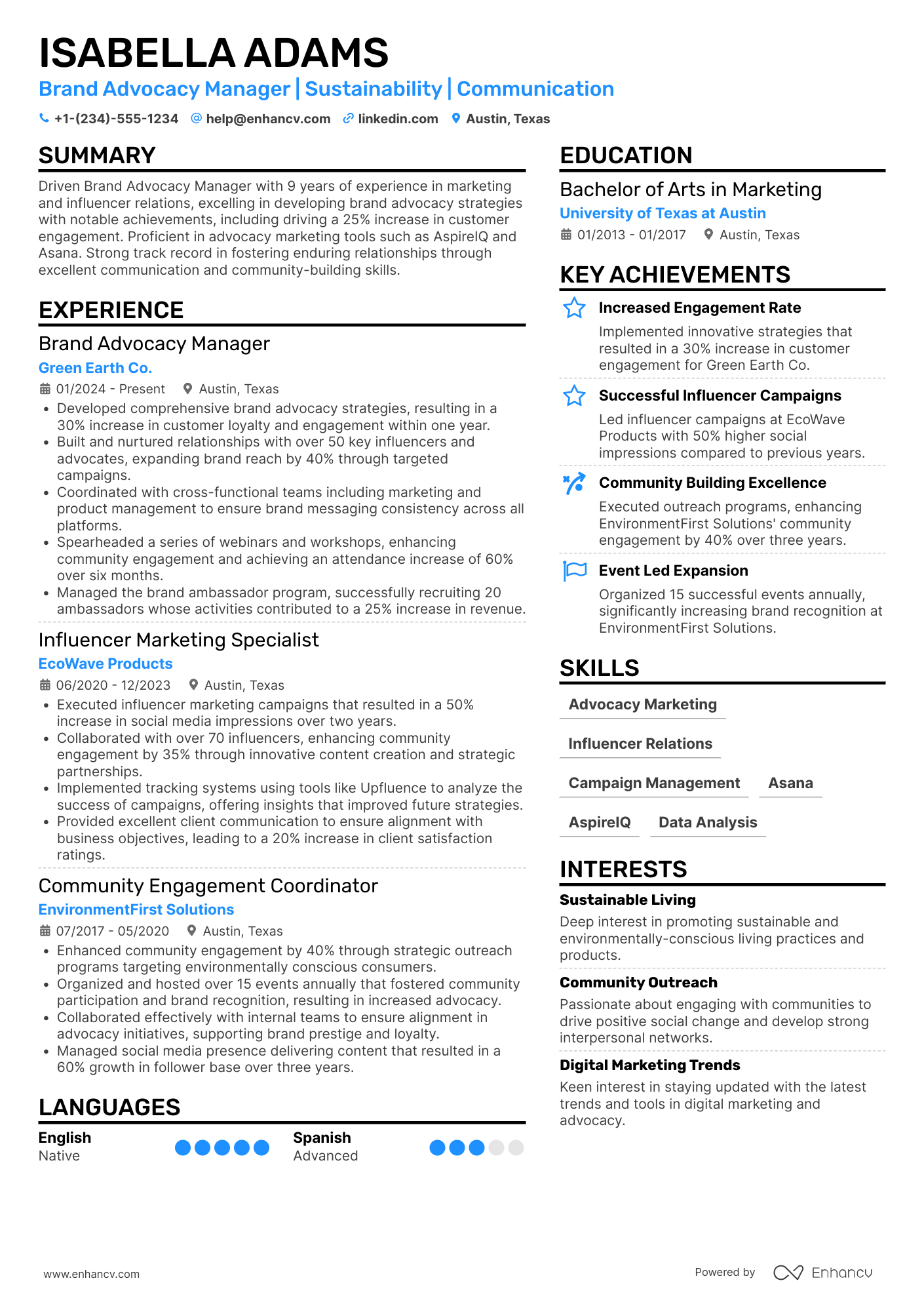 A resume example of a Brand Advocacy Manager