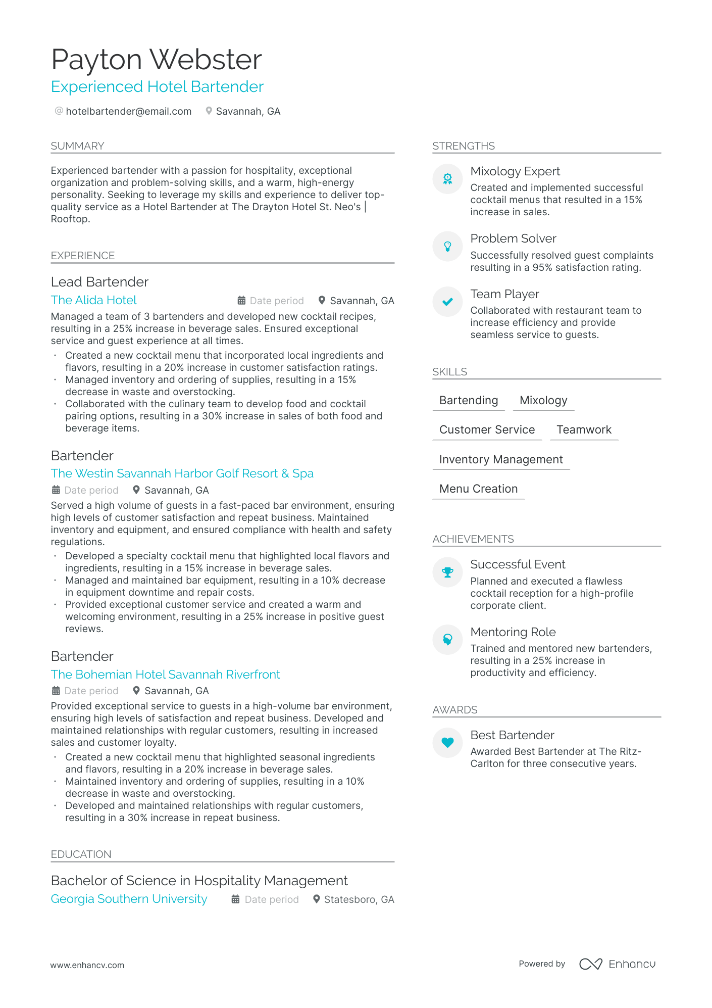 A resume example of a Hotel Bartender
