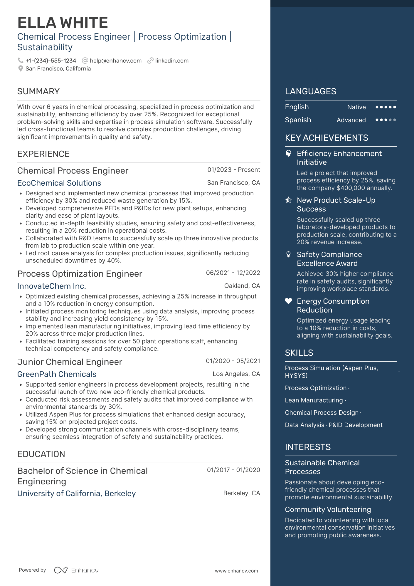 A resume example of a Chemical Process Engineer