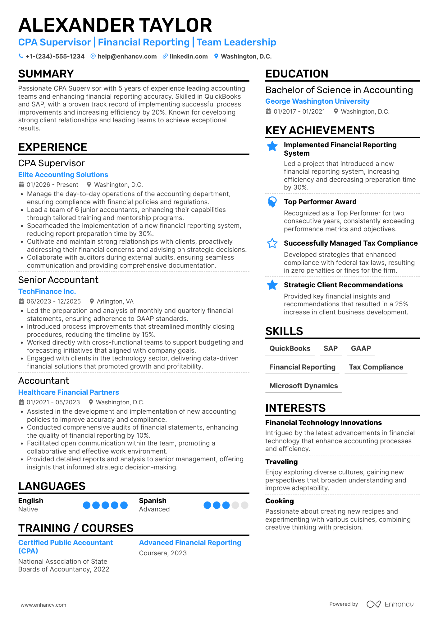A resume example of a CPA Supervisor