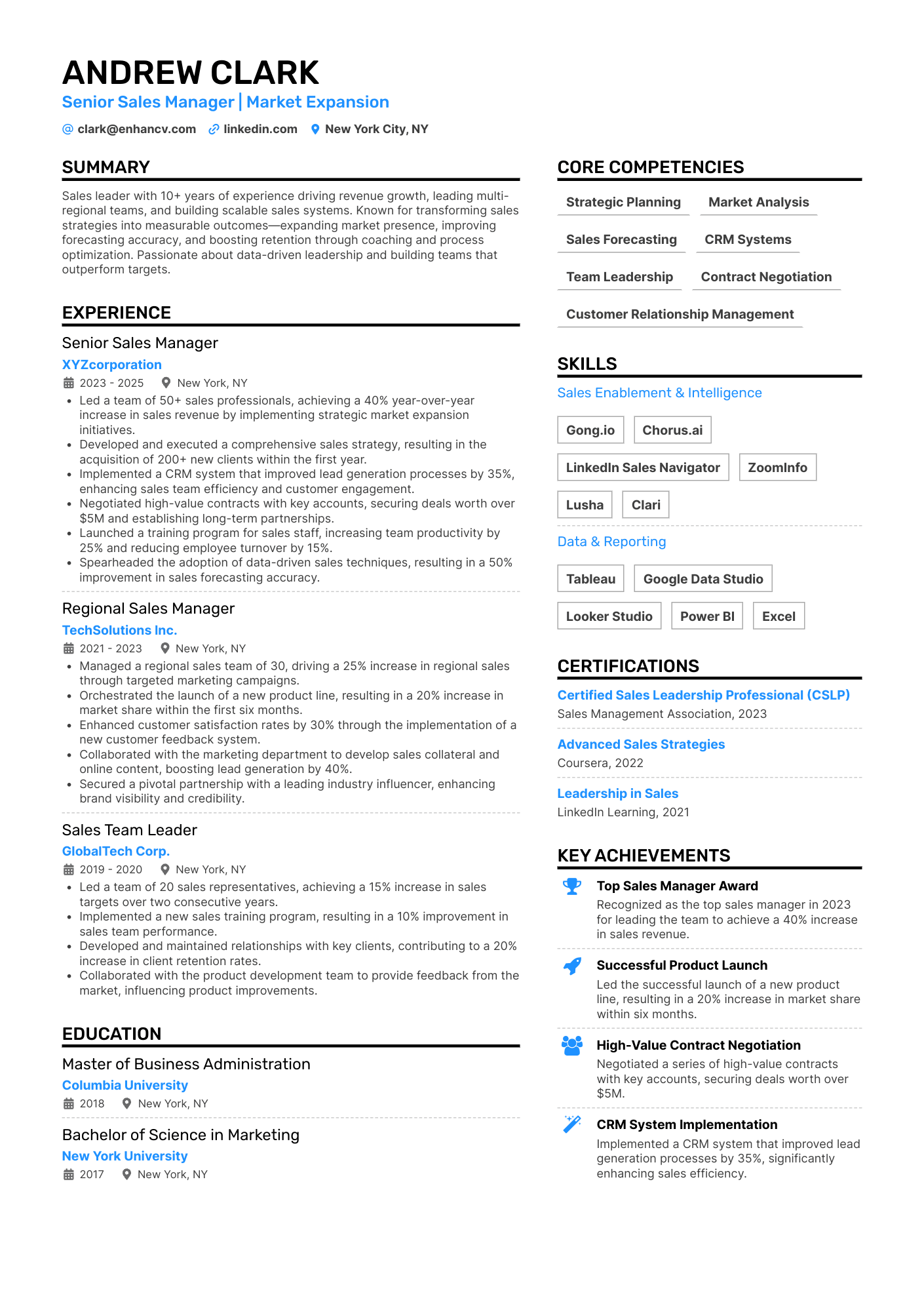 A resume example of a Sales Manager