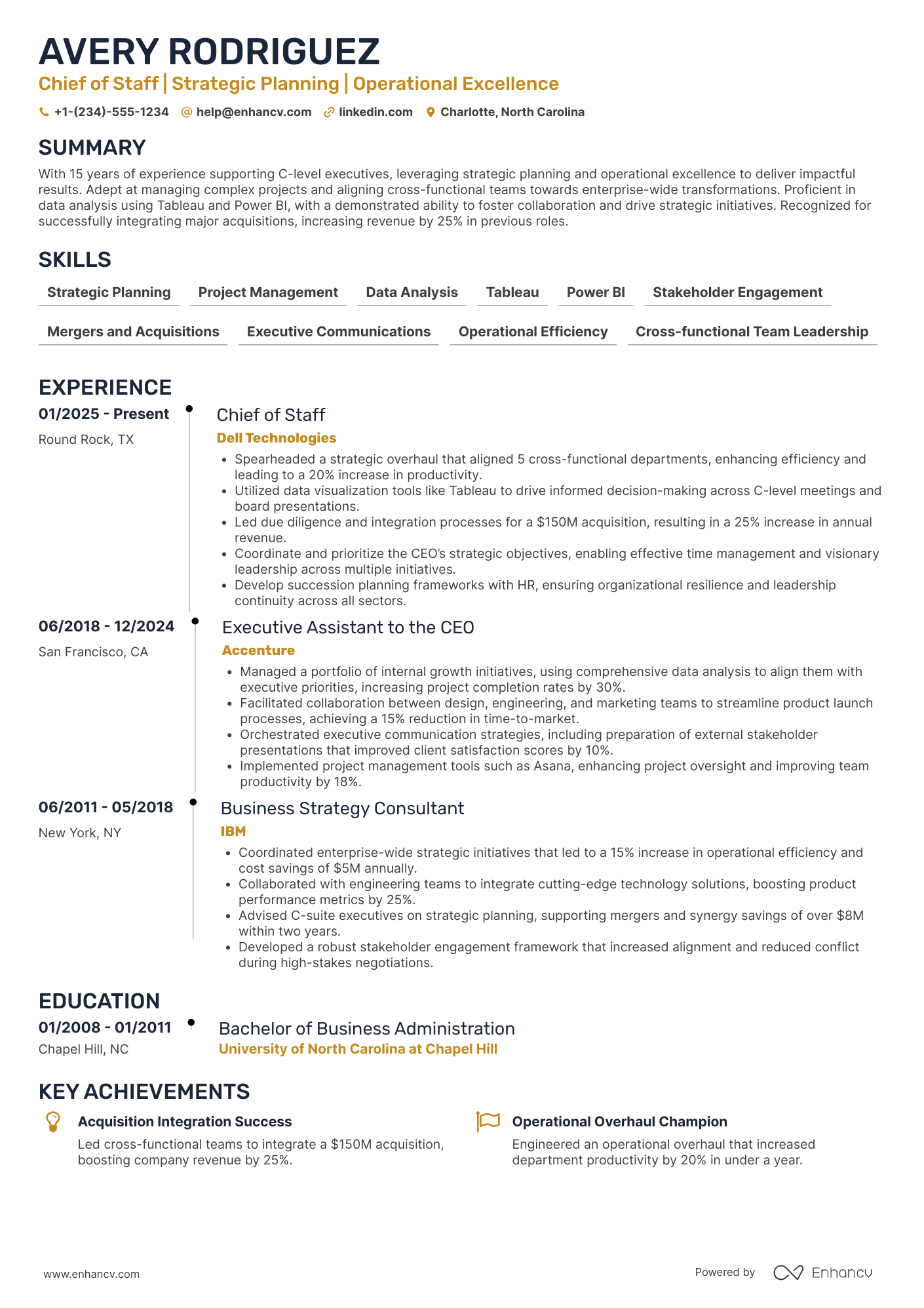 A resume example of a Chief of Staff to the CEO