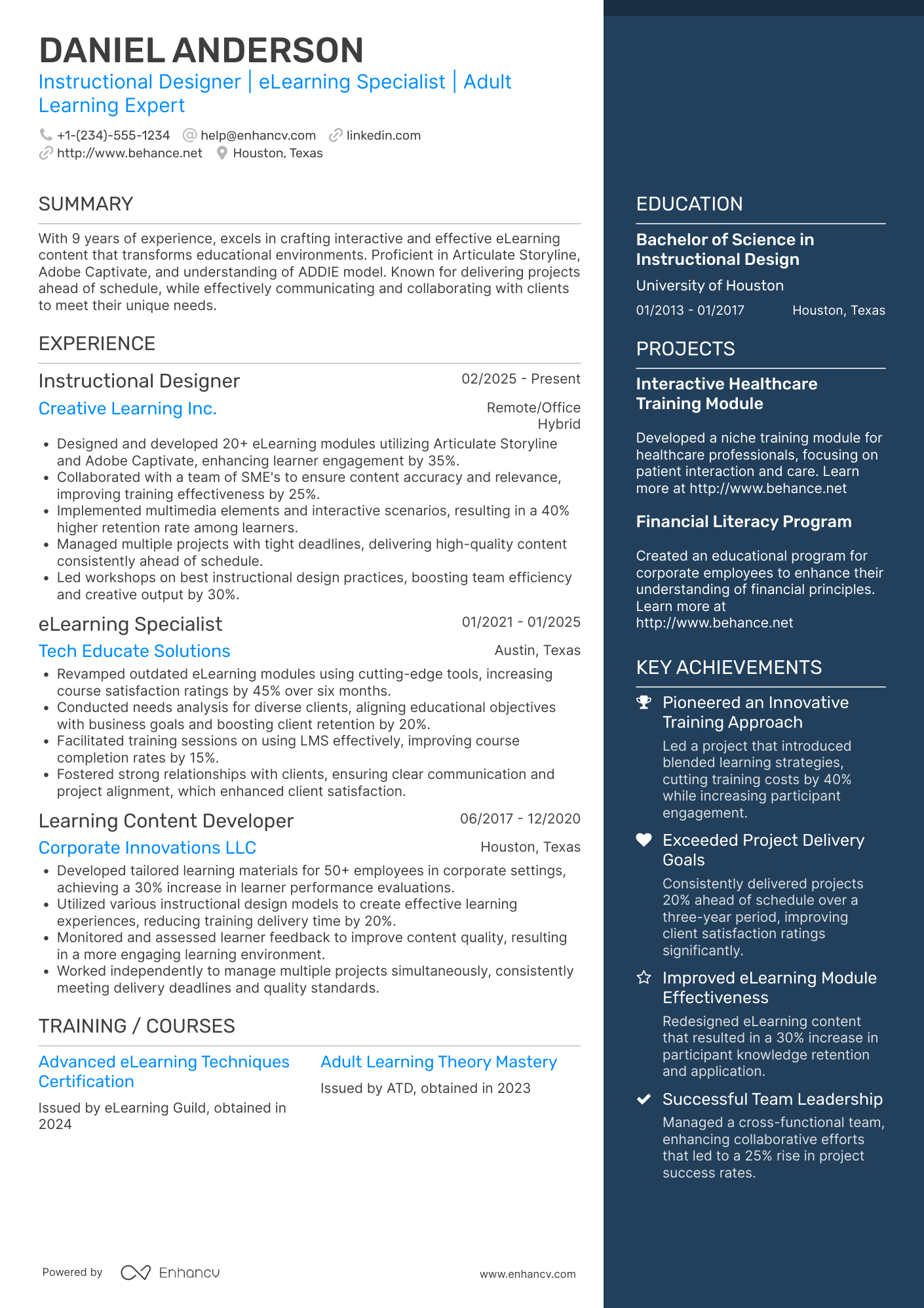 A resume example of a Freelance Instructional Designer