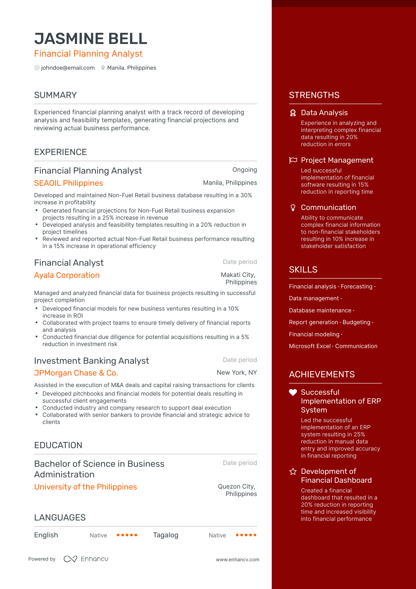 One Page Financial Planning Analyst Resume Template