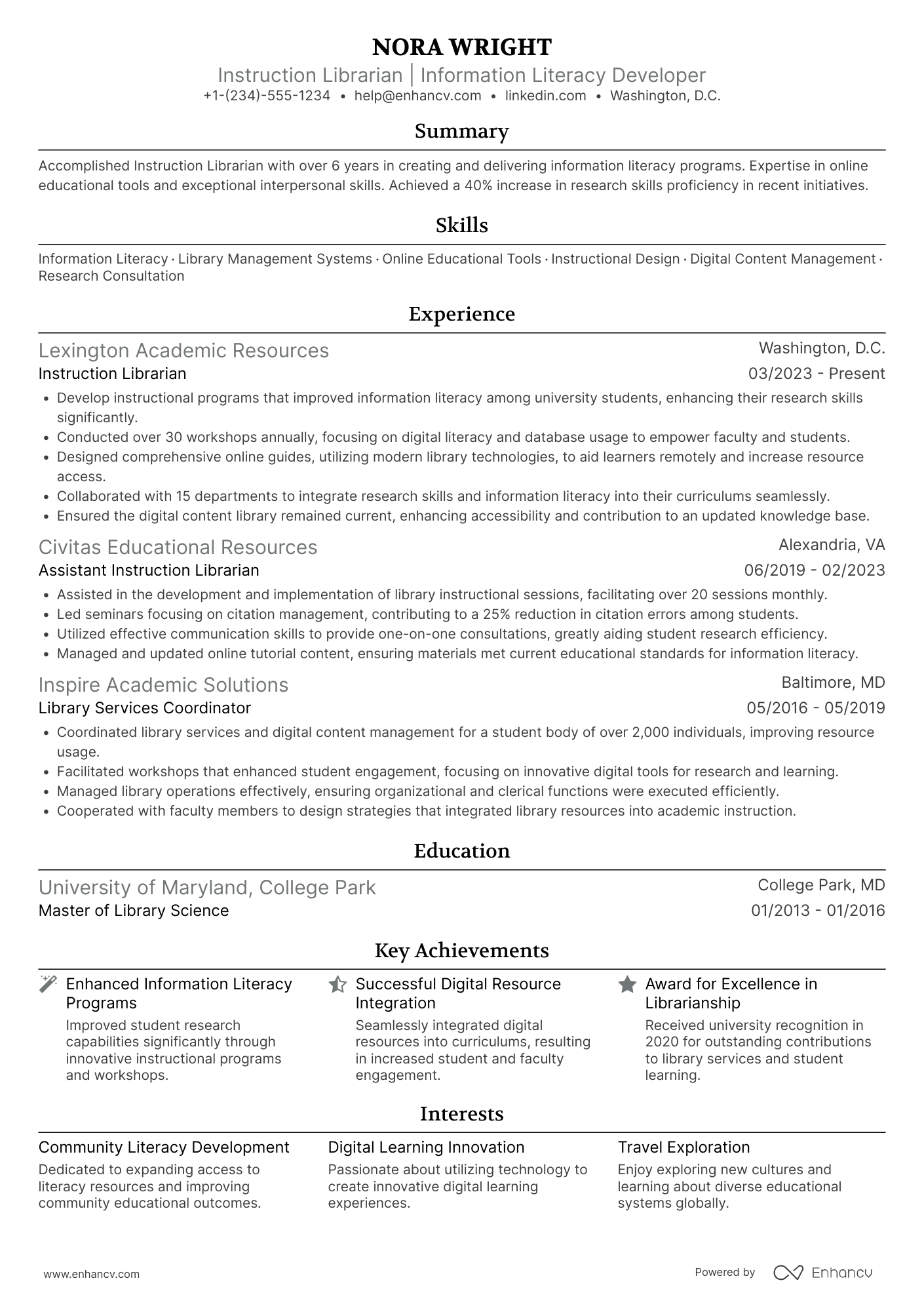 A resume example of a Instruction Librarian