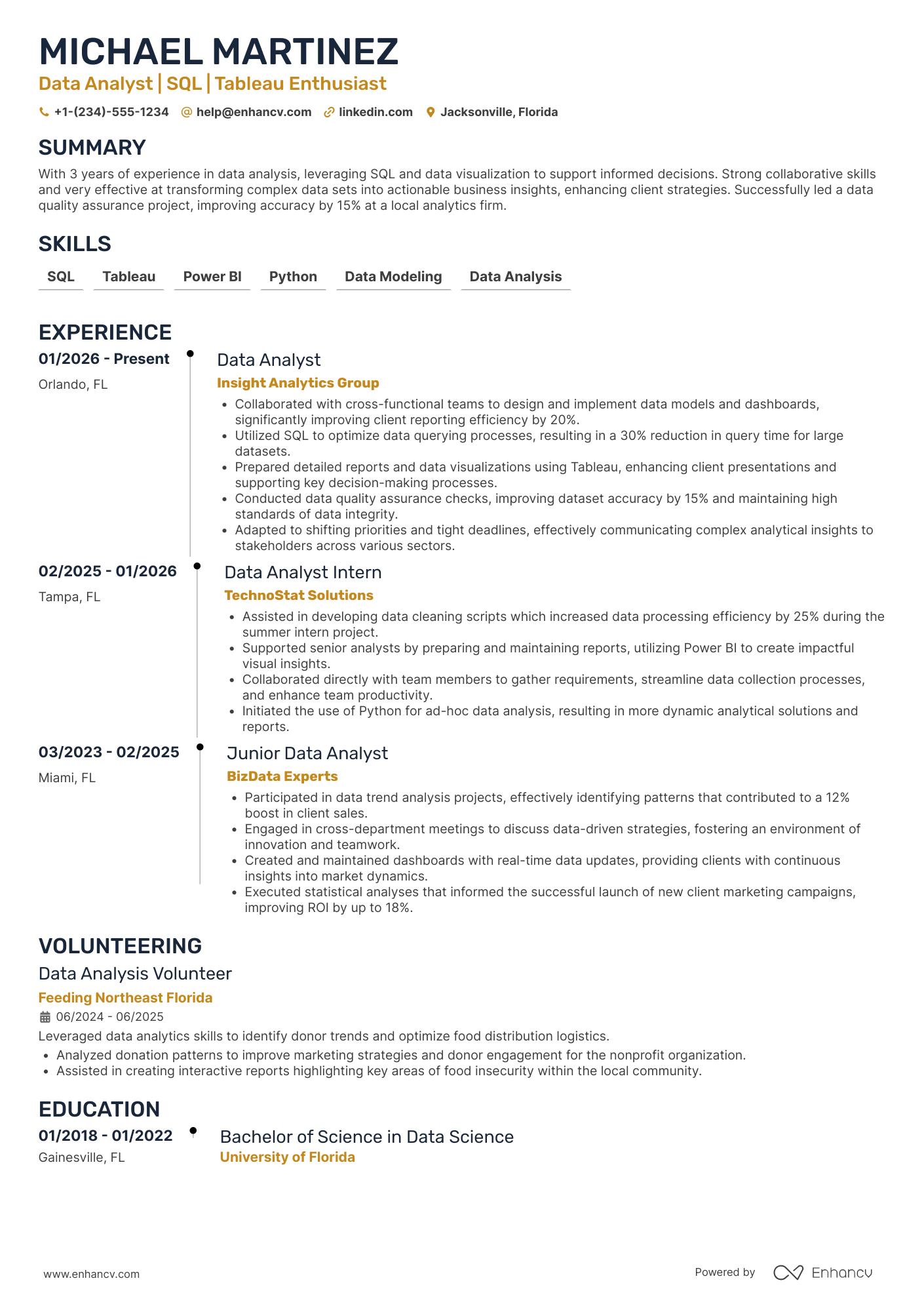 A resume example of a Junior Data Analyst
