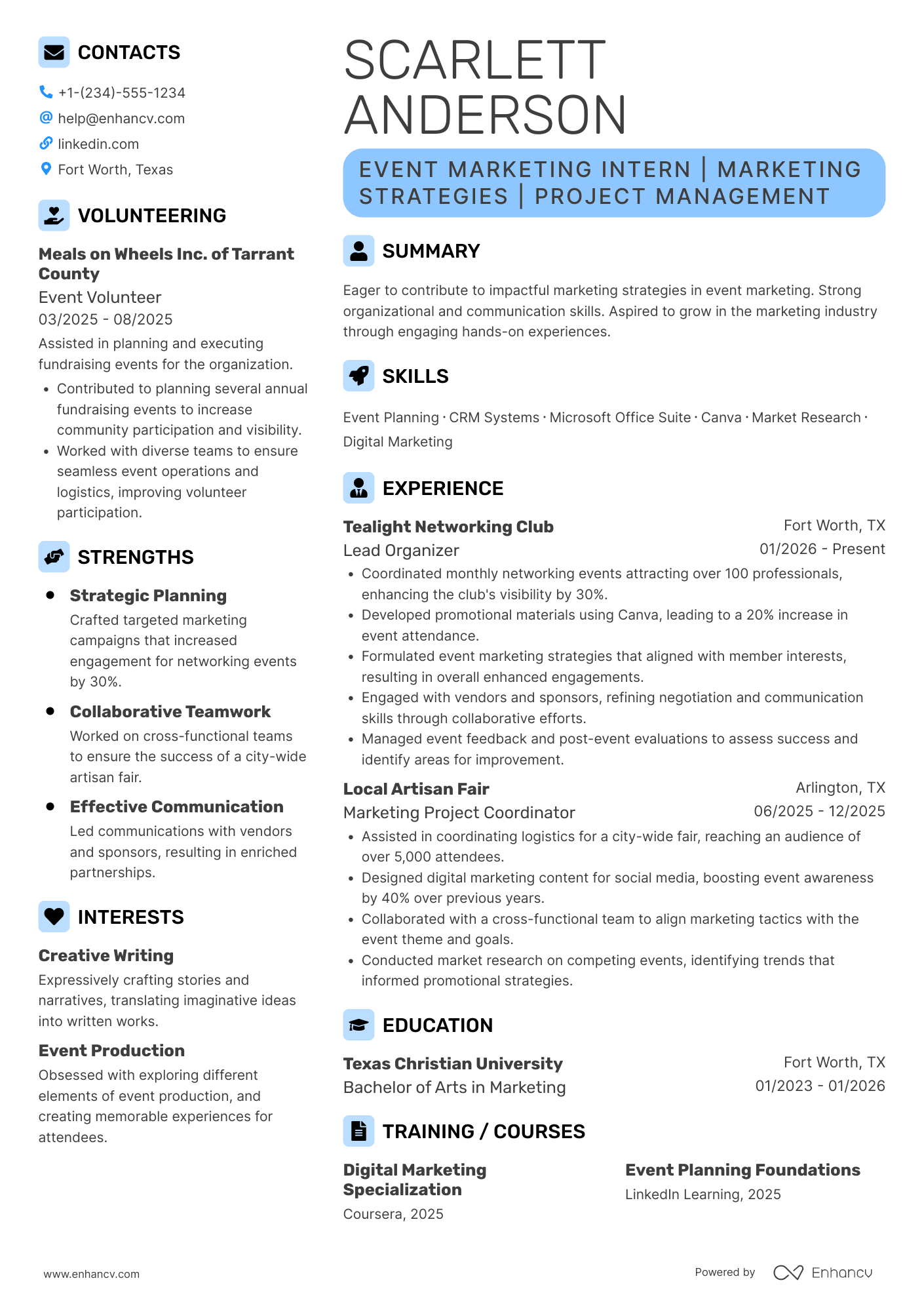 A resume example of a Event Marketing Intern