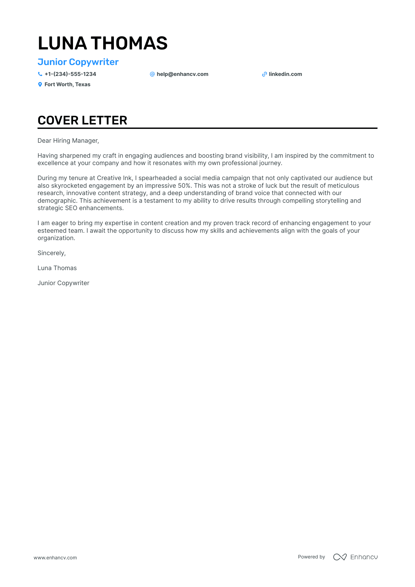 fresher copywriter cover letter