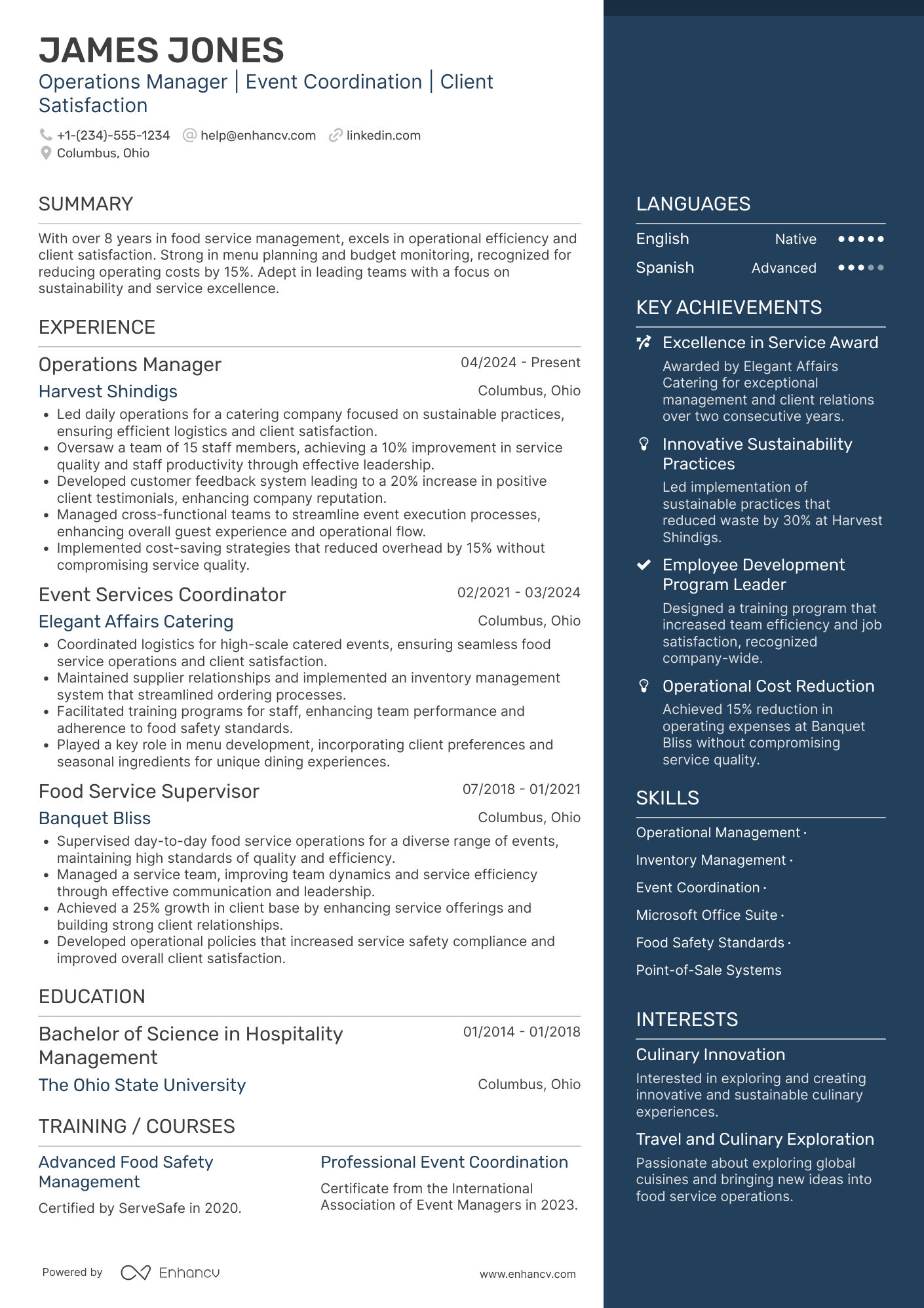 A resume example of a Food Service Coordinator