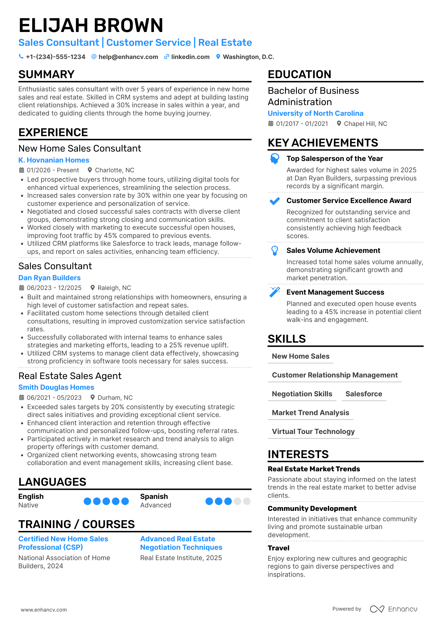 A resume example of a New Home Sales Consultant