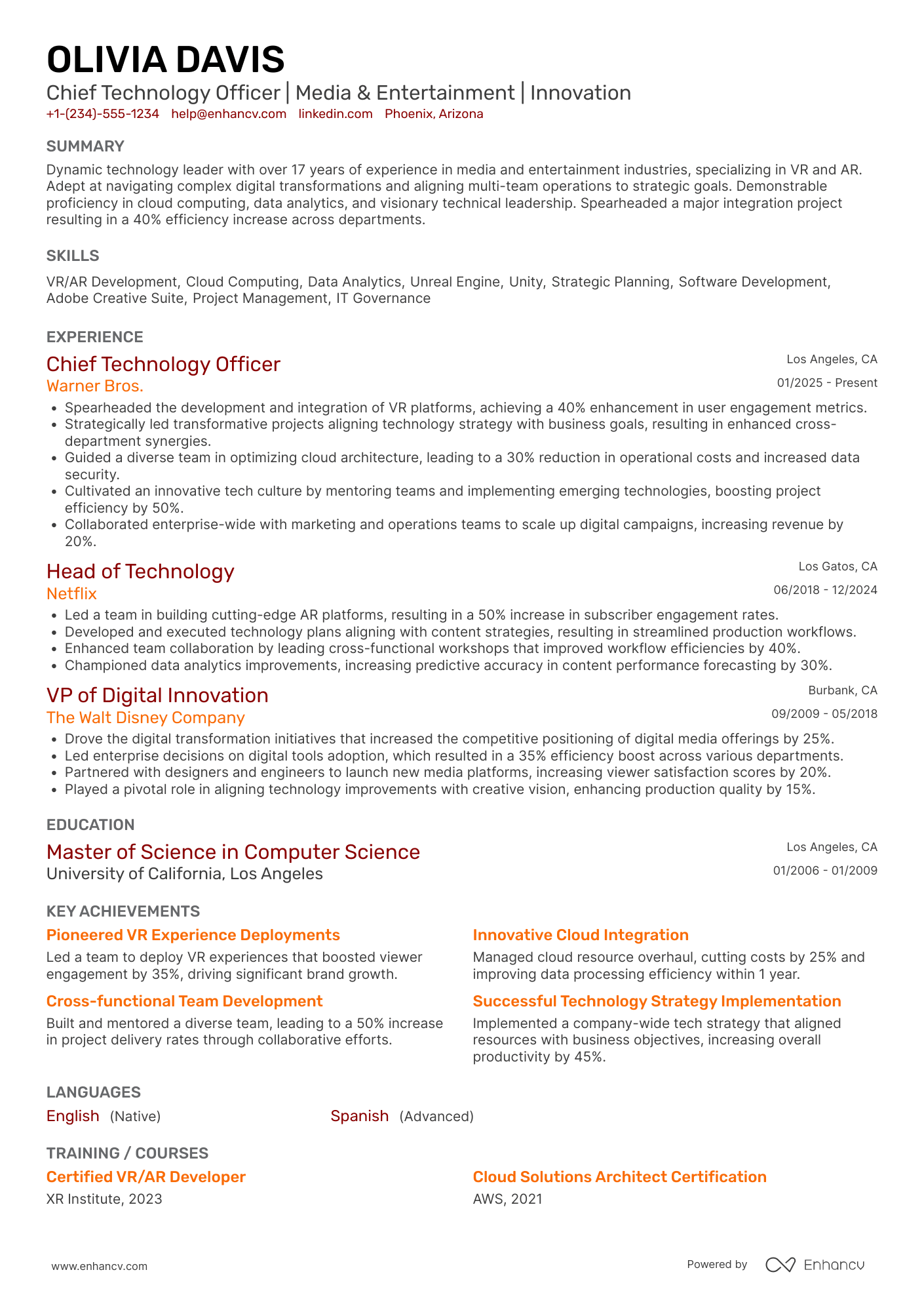 A resume example of a Media & Entertainment CTO