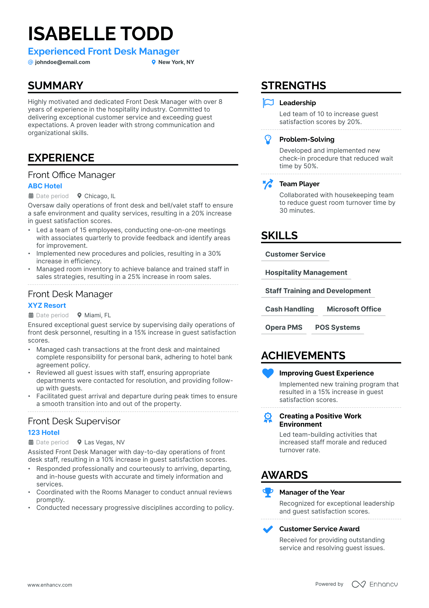 A resume example of a Front Desk Manager