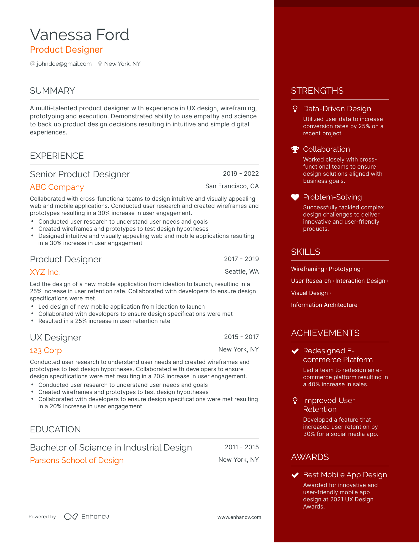 One Page Product Designer Resume Template