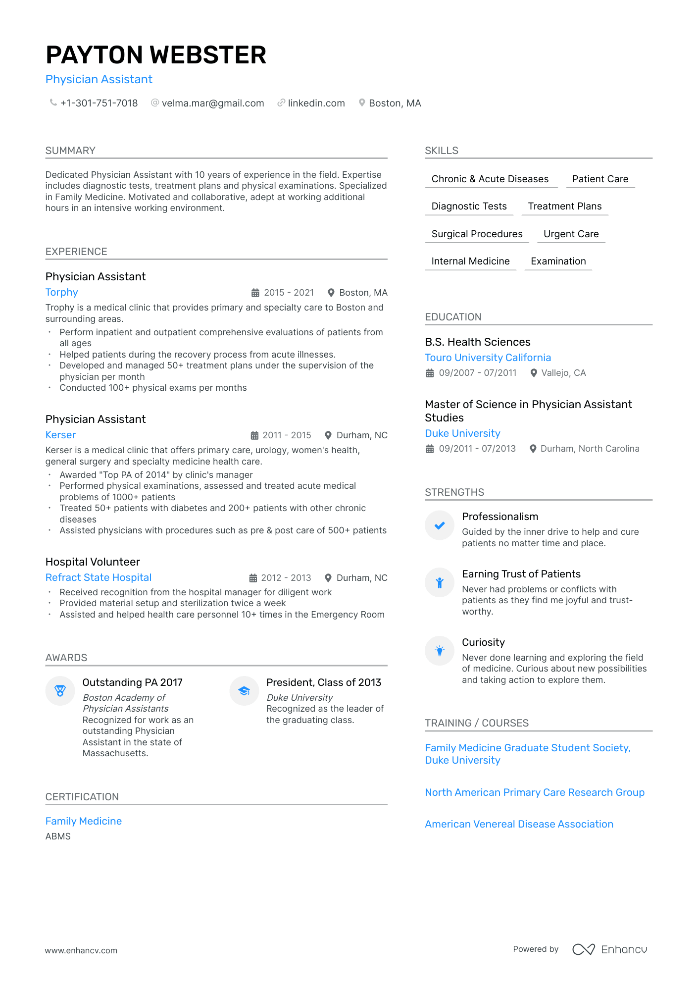 A resume example of a Physician Assistant