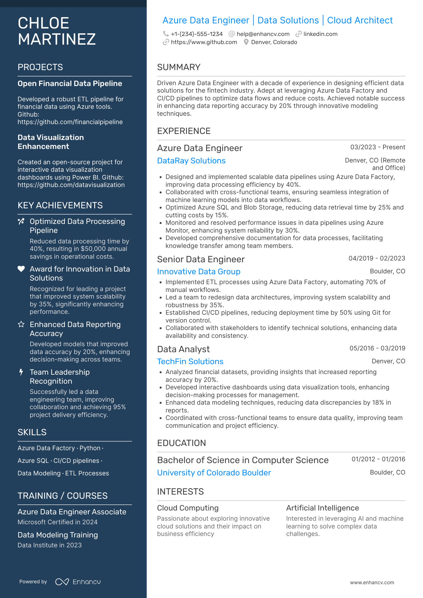 A resume example of a Azure Data Engineer Contractor