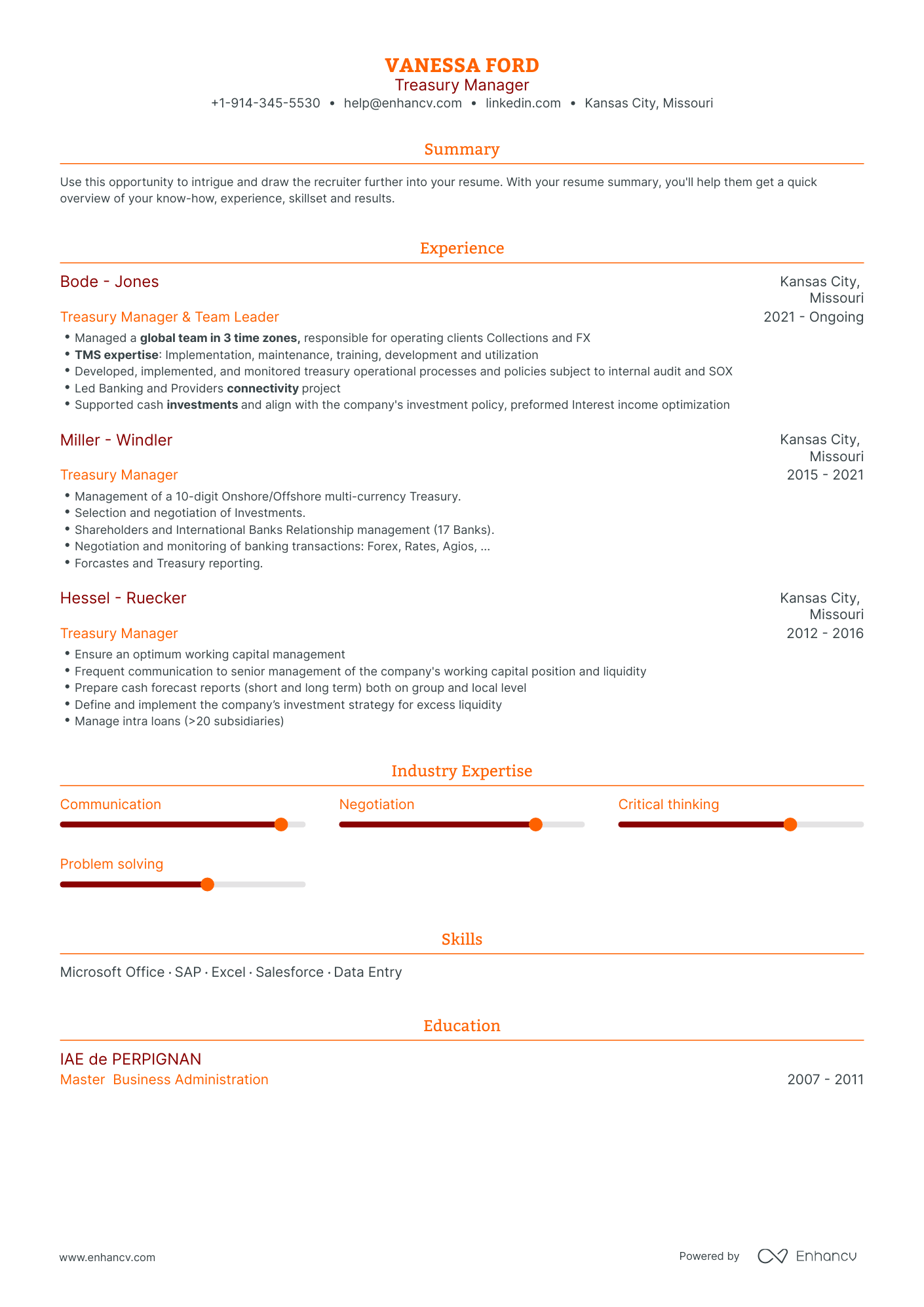 Treasury Manager Resume Examples & Guide for 2023 (Layout, Skills, Keywords  & Job Description)