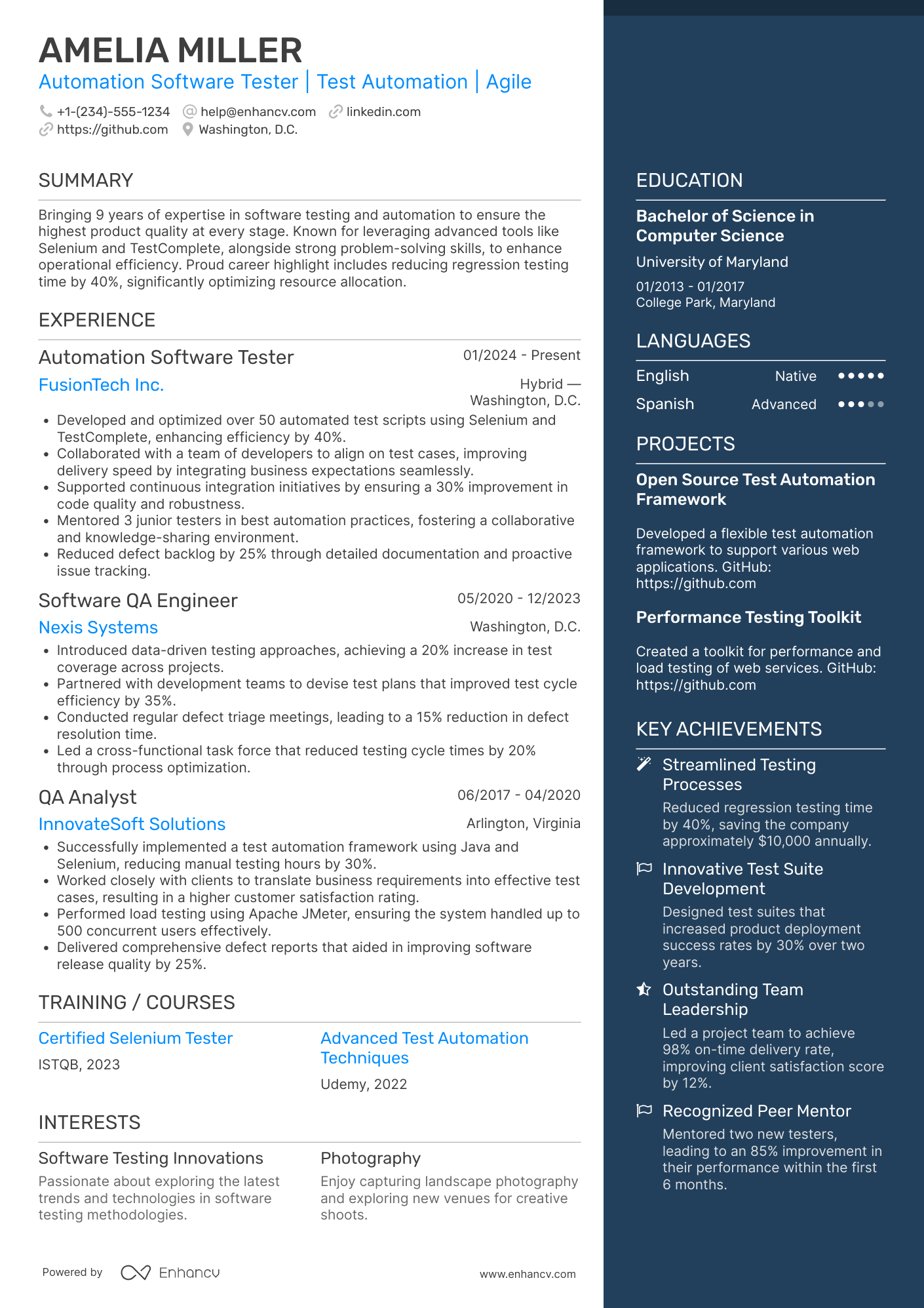 A resume example of a Automation Software Tester
