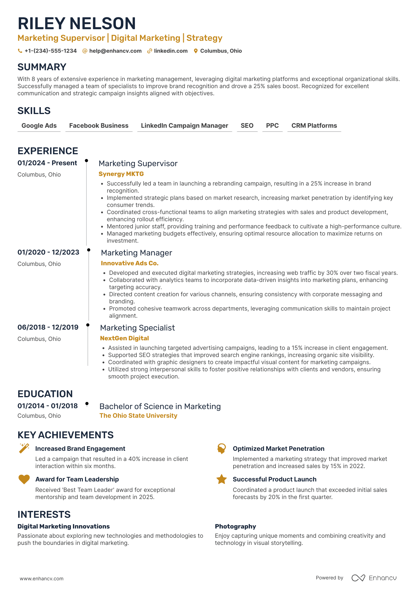 A resume example of a Marketing Supervisor