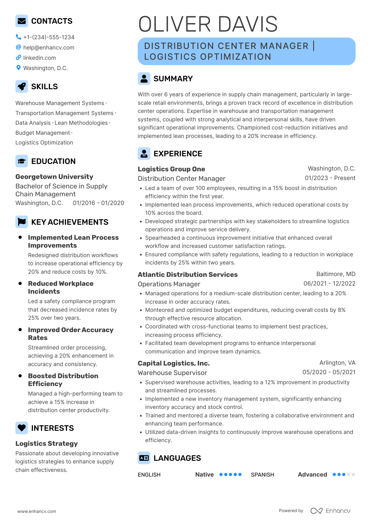 A resume example of a Walmart Distribution Center Manager