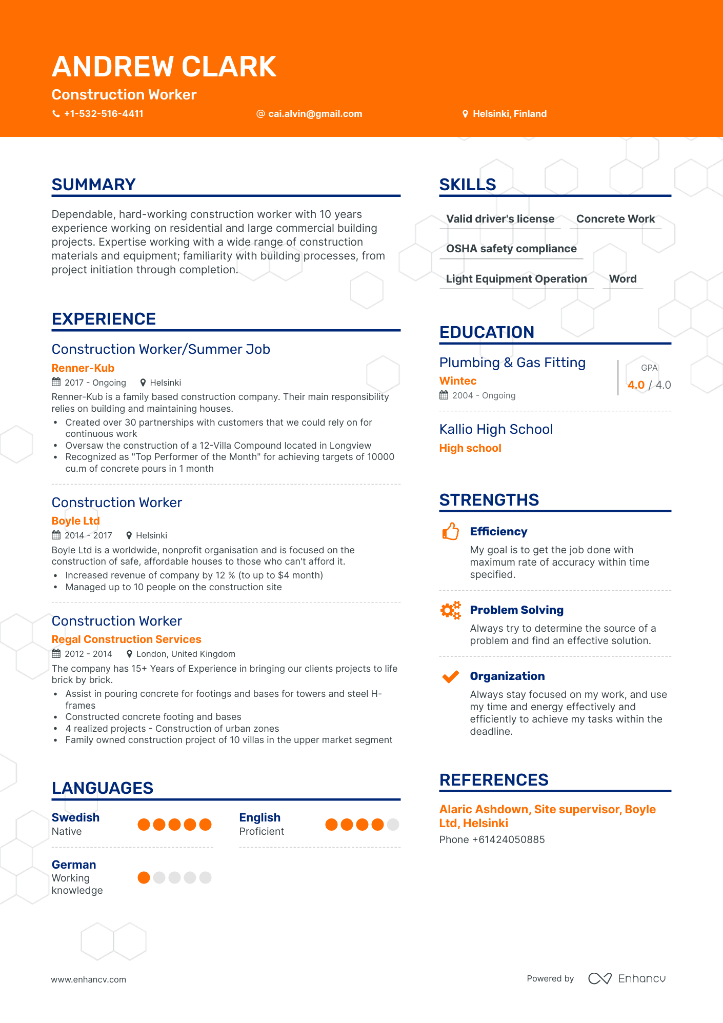 Creative Construction Worker Resume Template