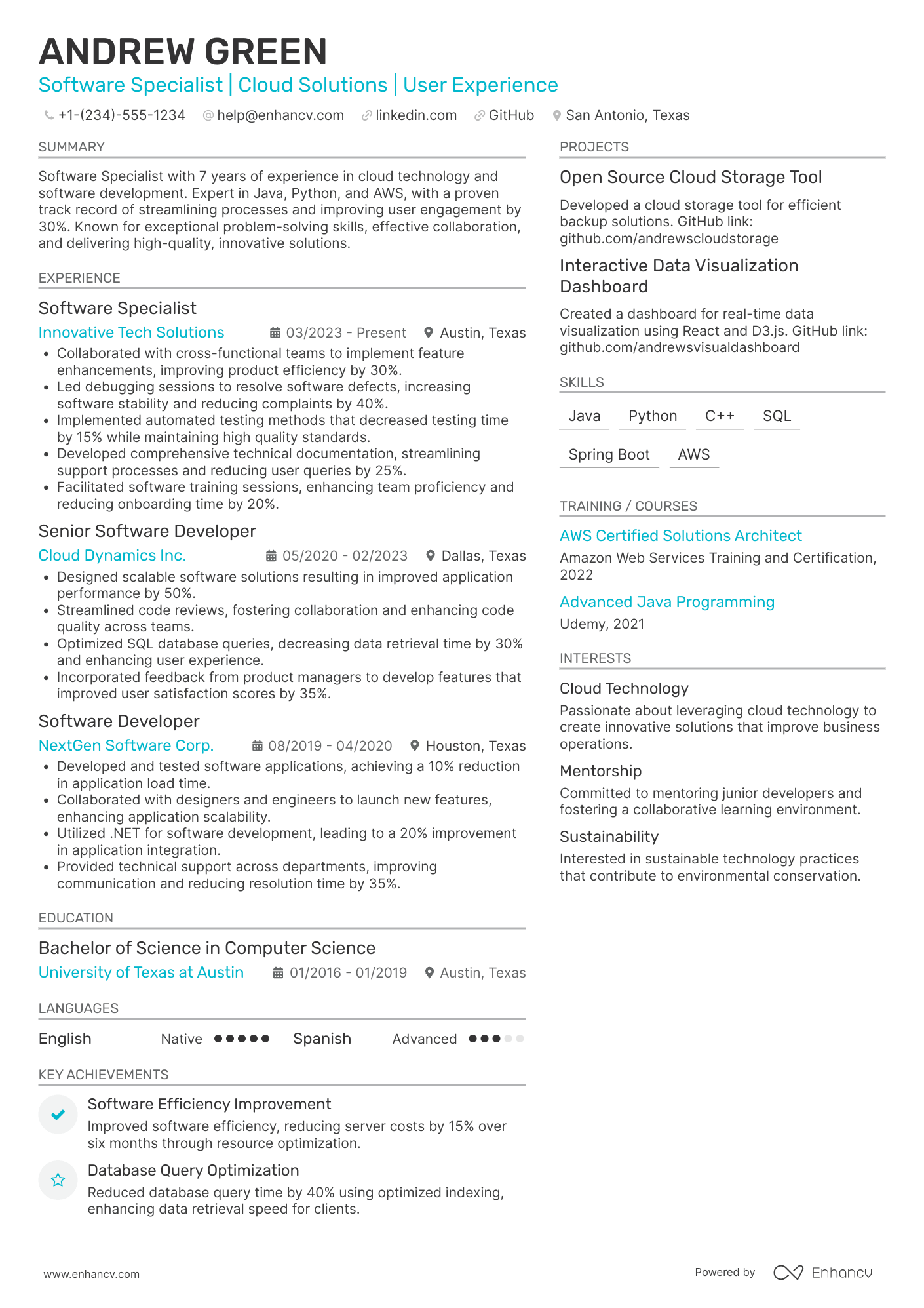 A resume example of a Software Specialist