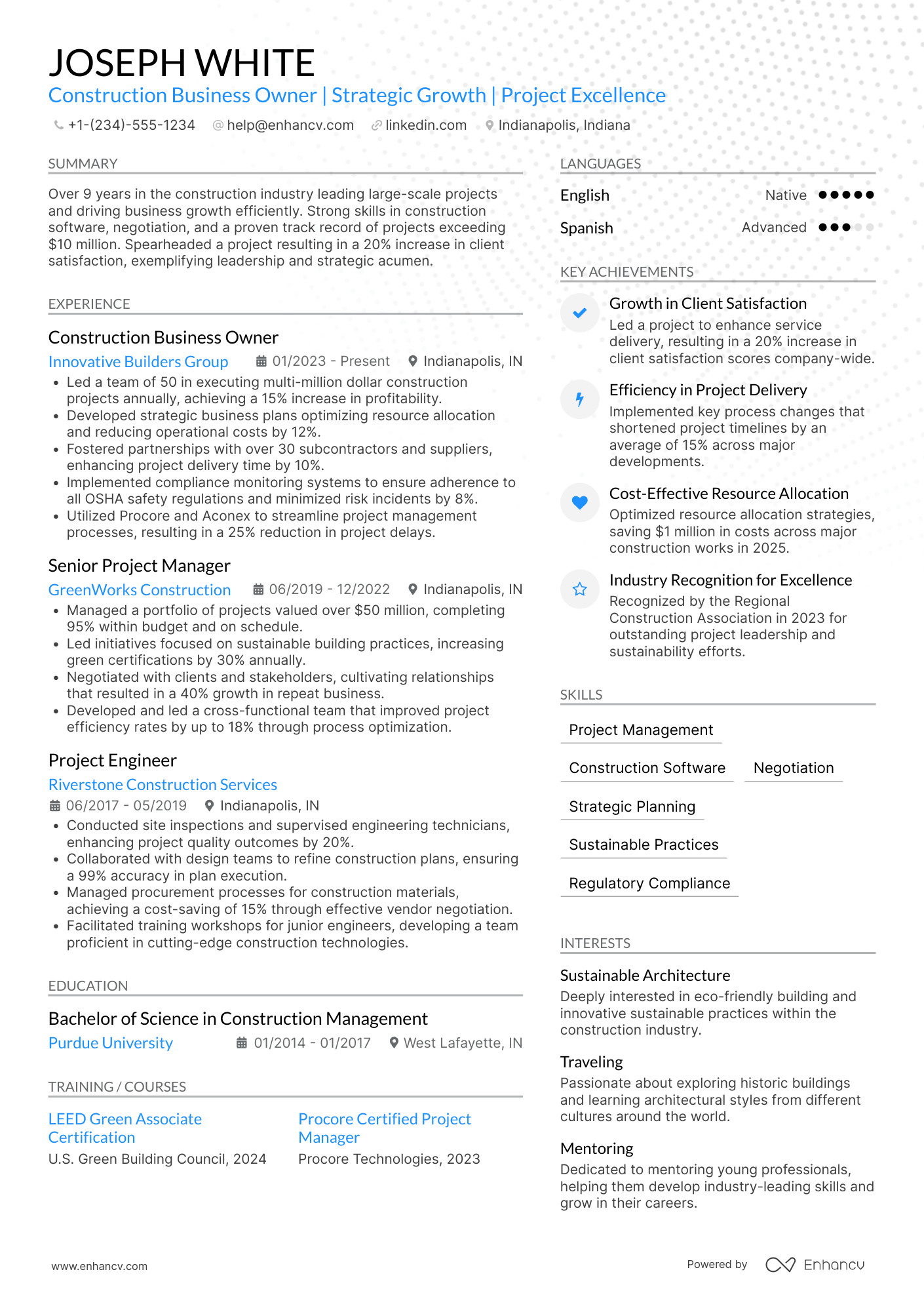 A resume example of a Construction Business Owner