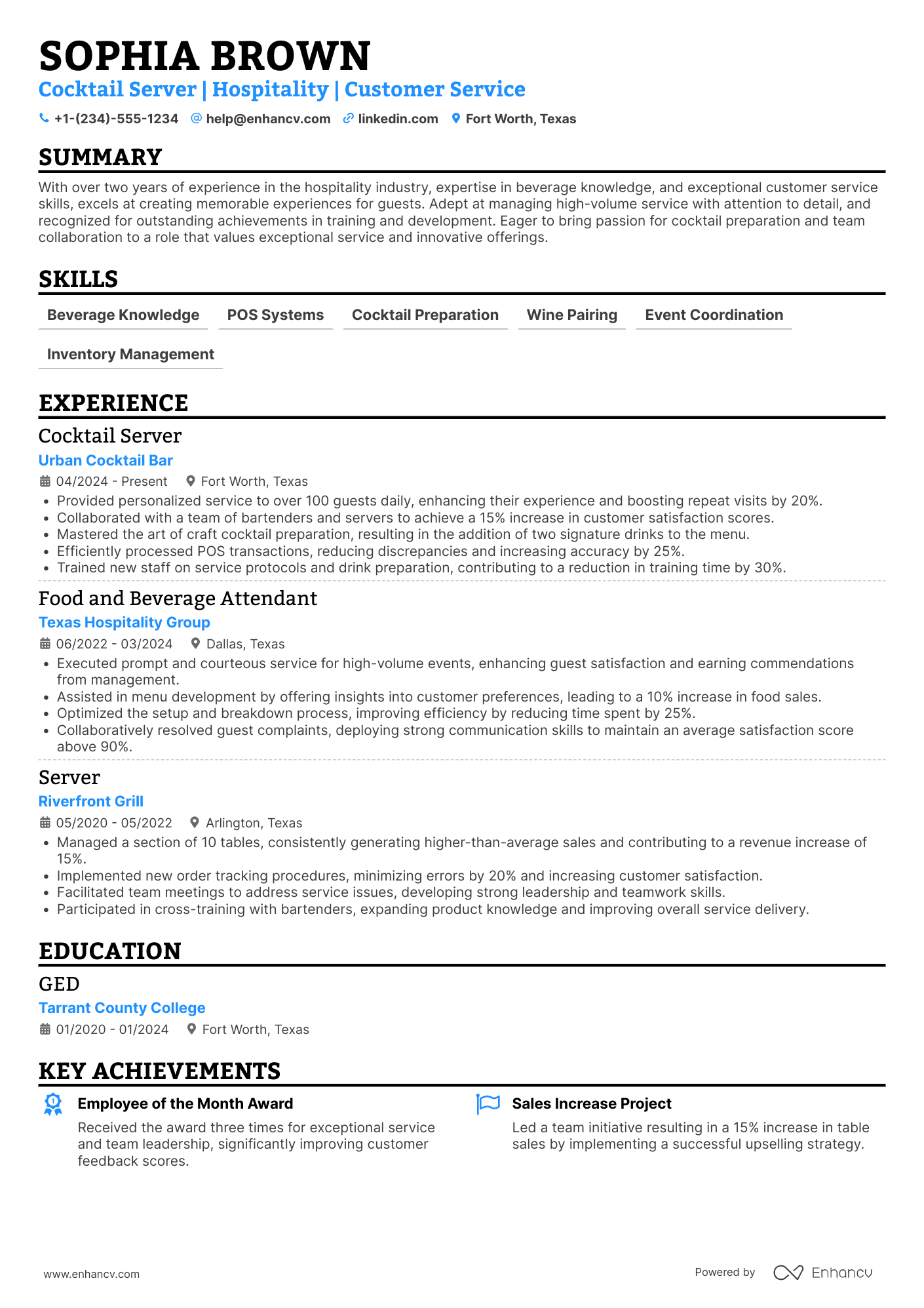 A resume example of a Cocktail Server